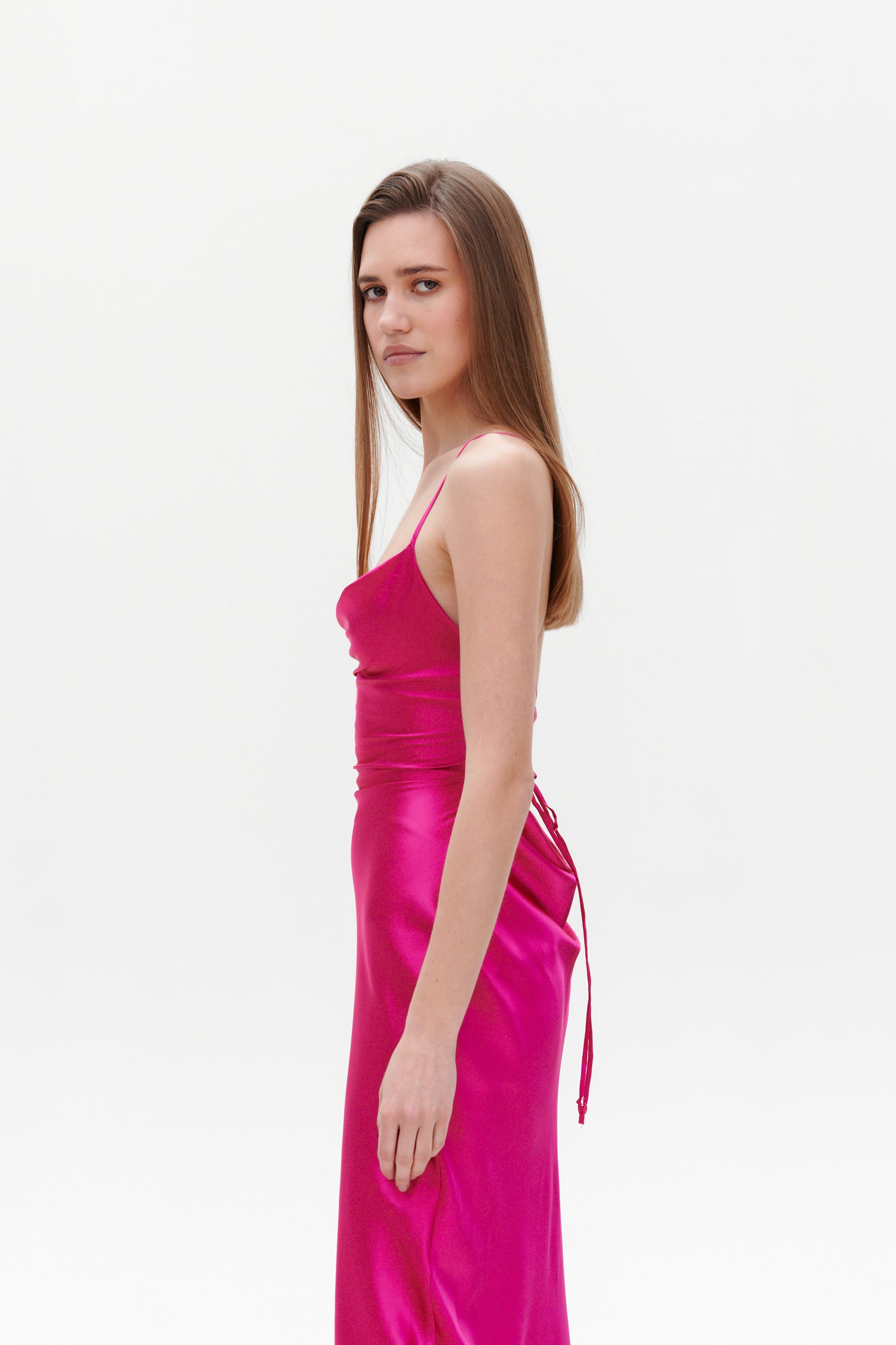 Fuchsia Slip Maxi Dress side view – slim satin slip with cami straps
