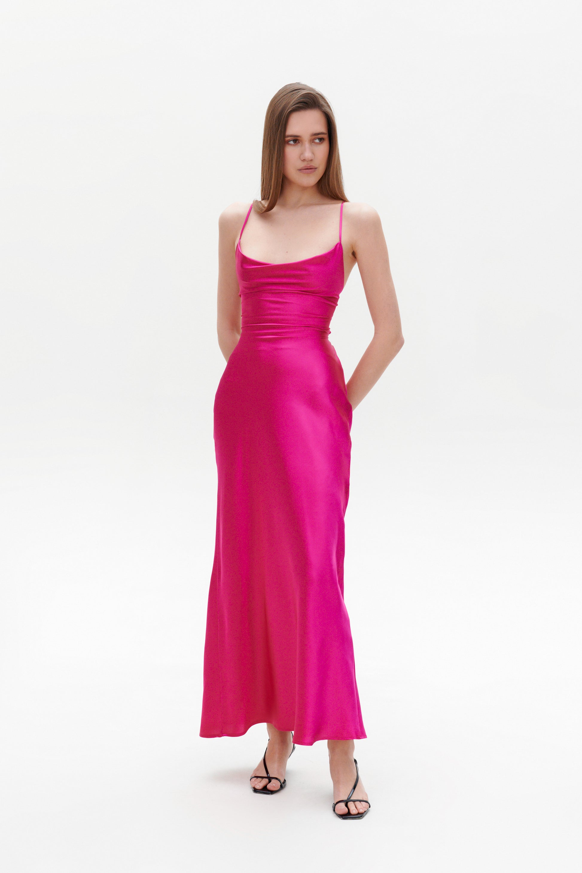 Fuchsia Slip Maxi Dress full length – vibrant fuchsia evening dress