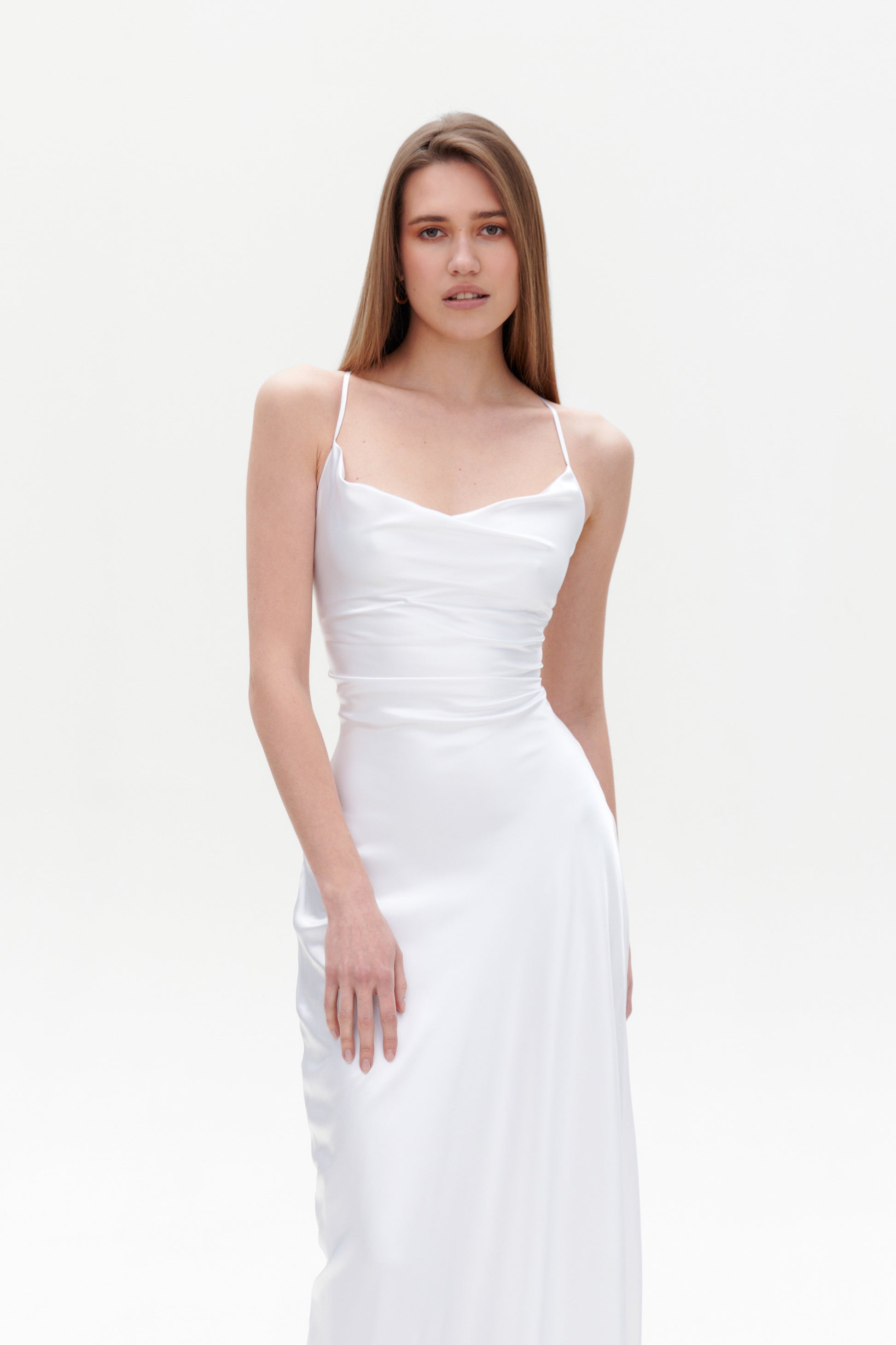 White Slip Maxi Dress close-up – satin white maxi dress with cowl neck