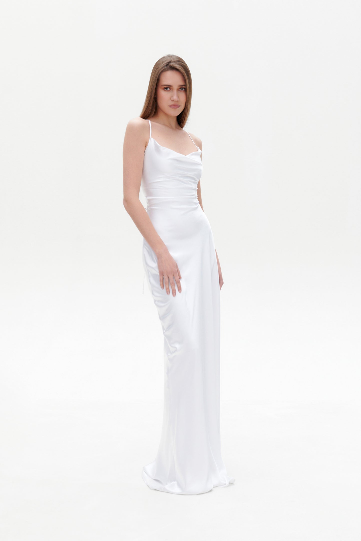 White Slip Maxi Dress side view – satin slim fit long white dress