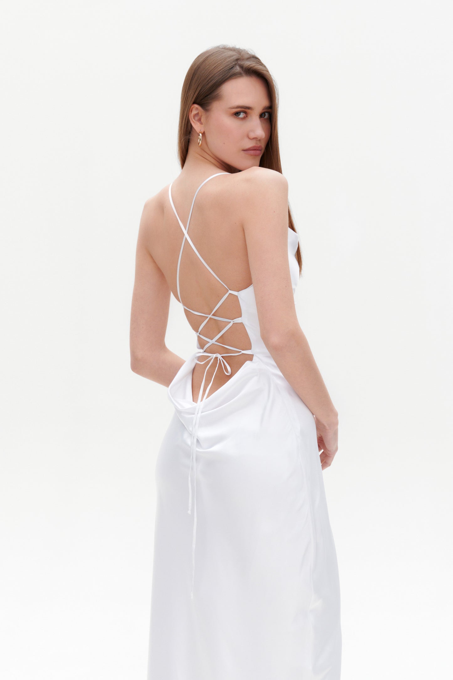 White Slip Maxi Dress back close-up – elegant satin white slip maxi dress