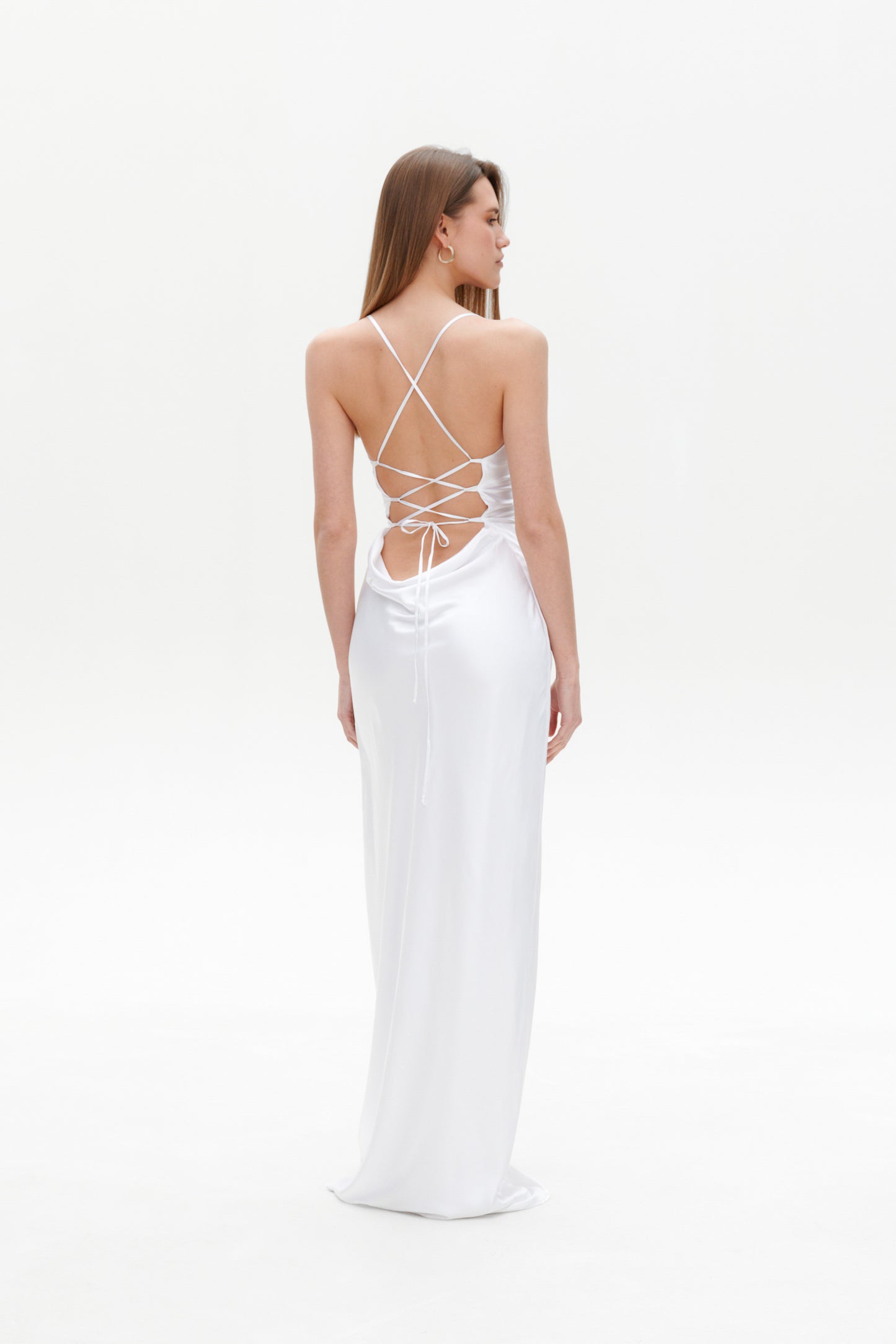 White Slip Maxi Dress back view – satin maxi white dress with cami straps