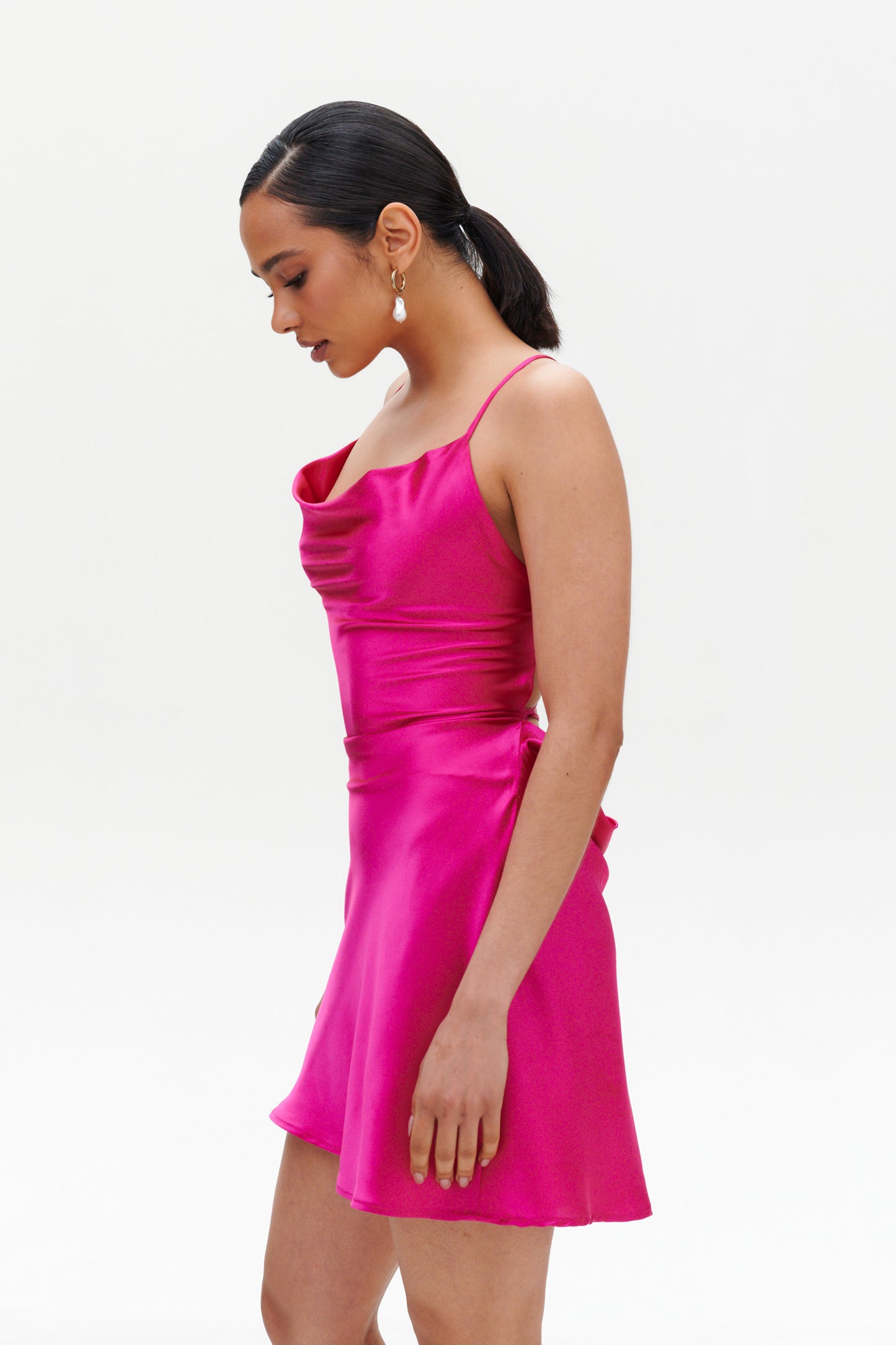 Fuchsia Slip Mini Dress close-up – elegant satin cowl neck mini