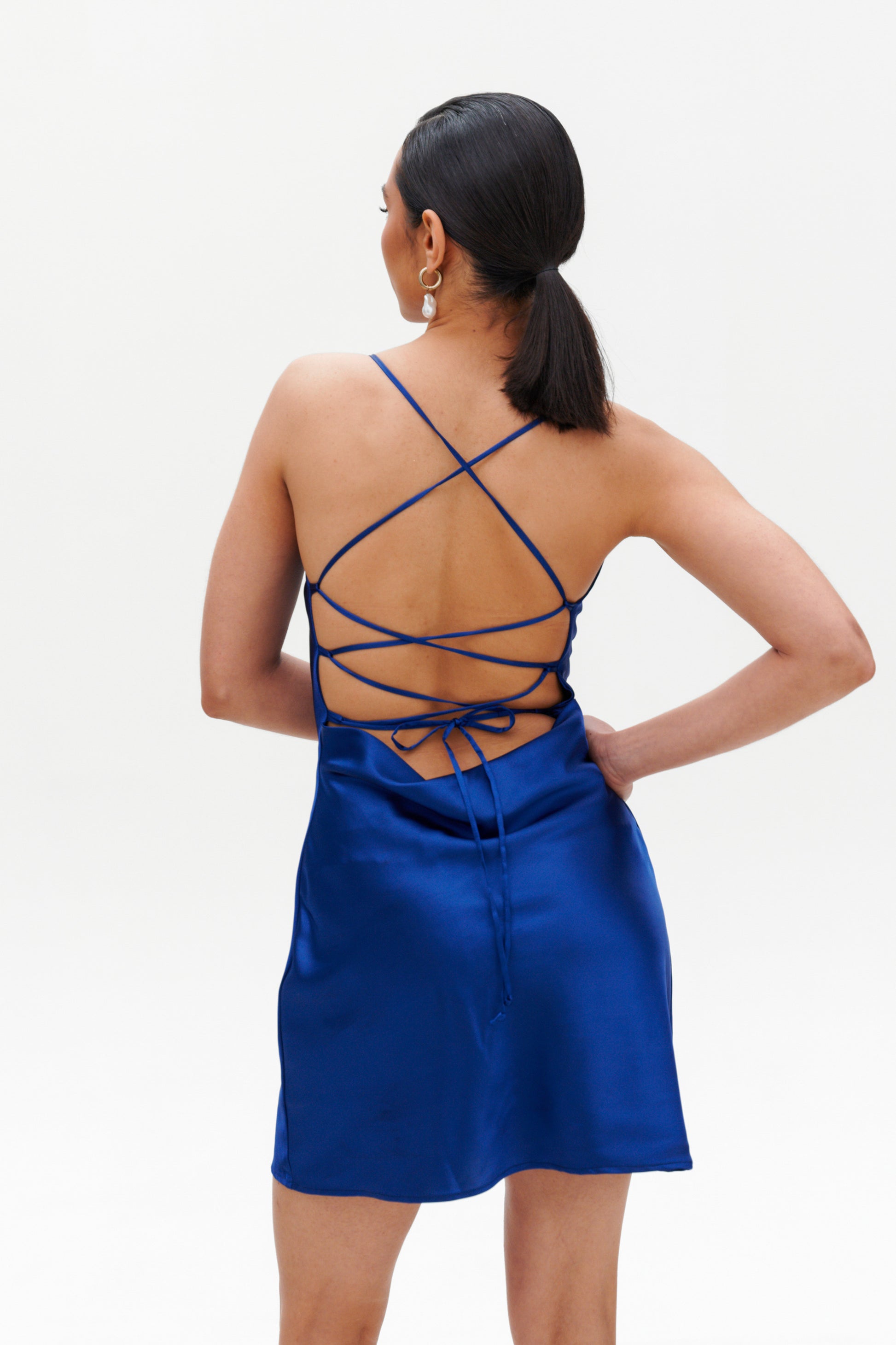 Dark blue slip mini dress back view – satin open back