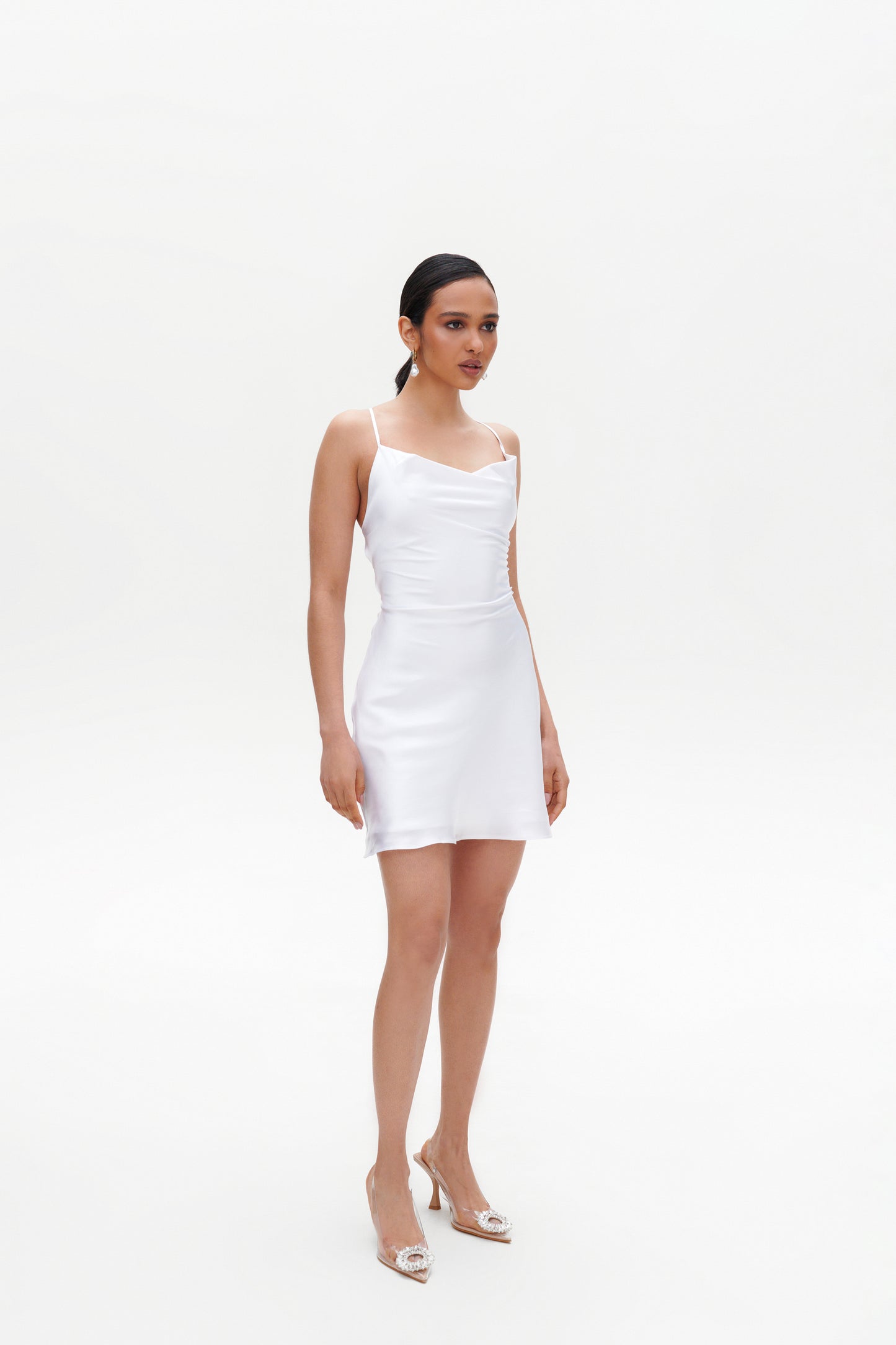 White Slip Mini Dress front view – satin short white dress with cowl neck