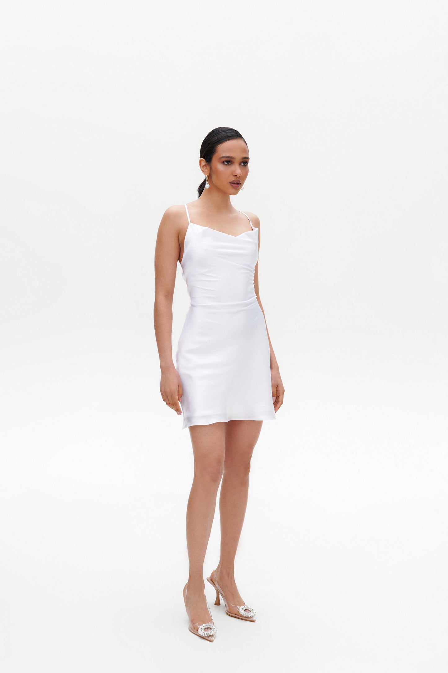 White Slip Mini Dress front view – satin mini white dress with cowl neck