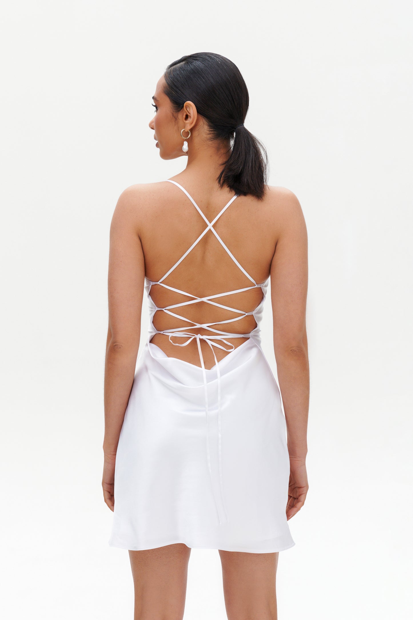 White Slip Mini Dress back view – satin short dress with lace-up straps