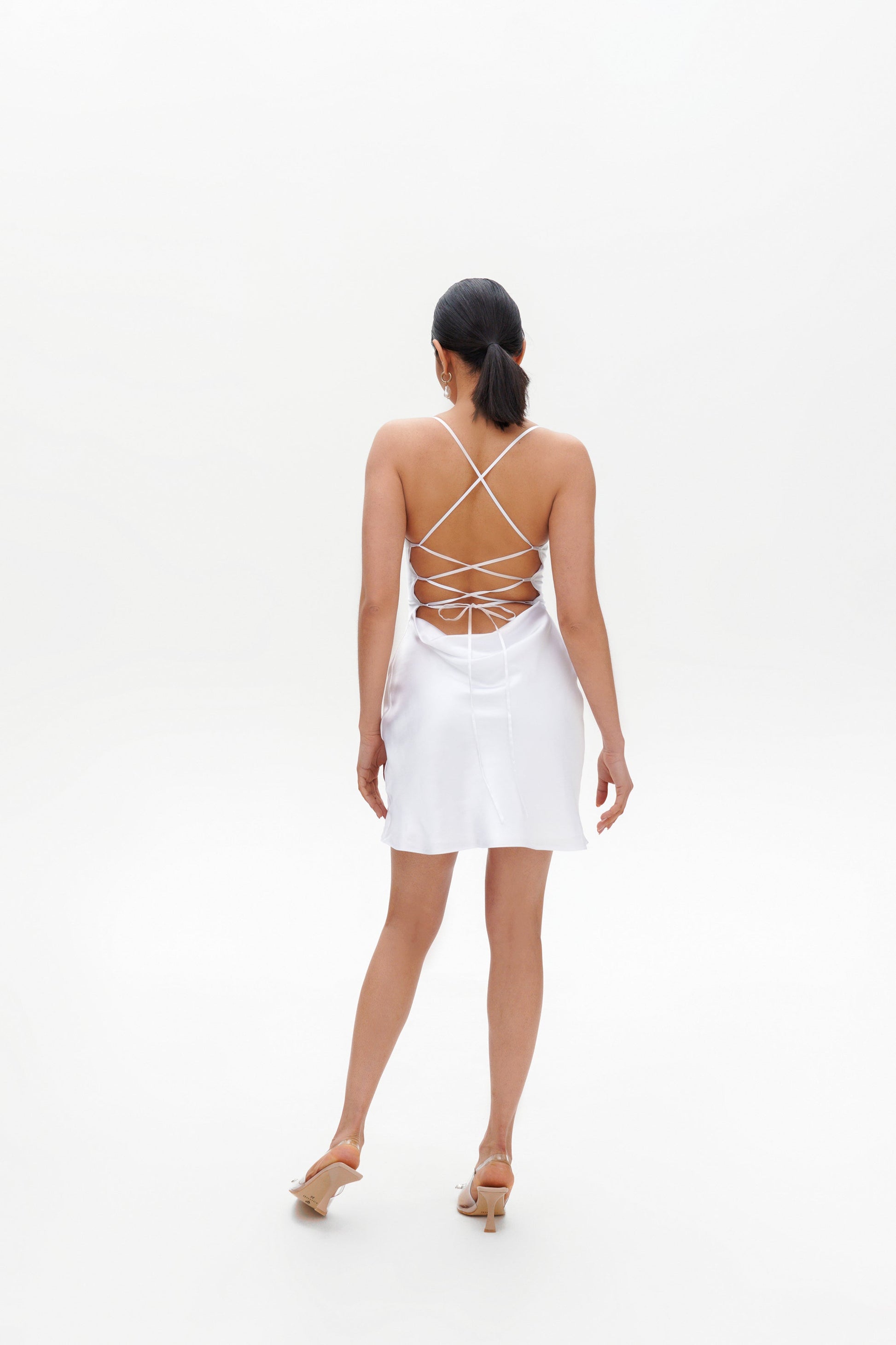 White Slip Mini Dress back view – satin short dress with lace-up straps