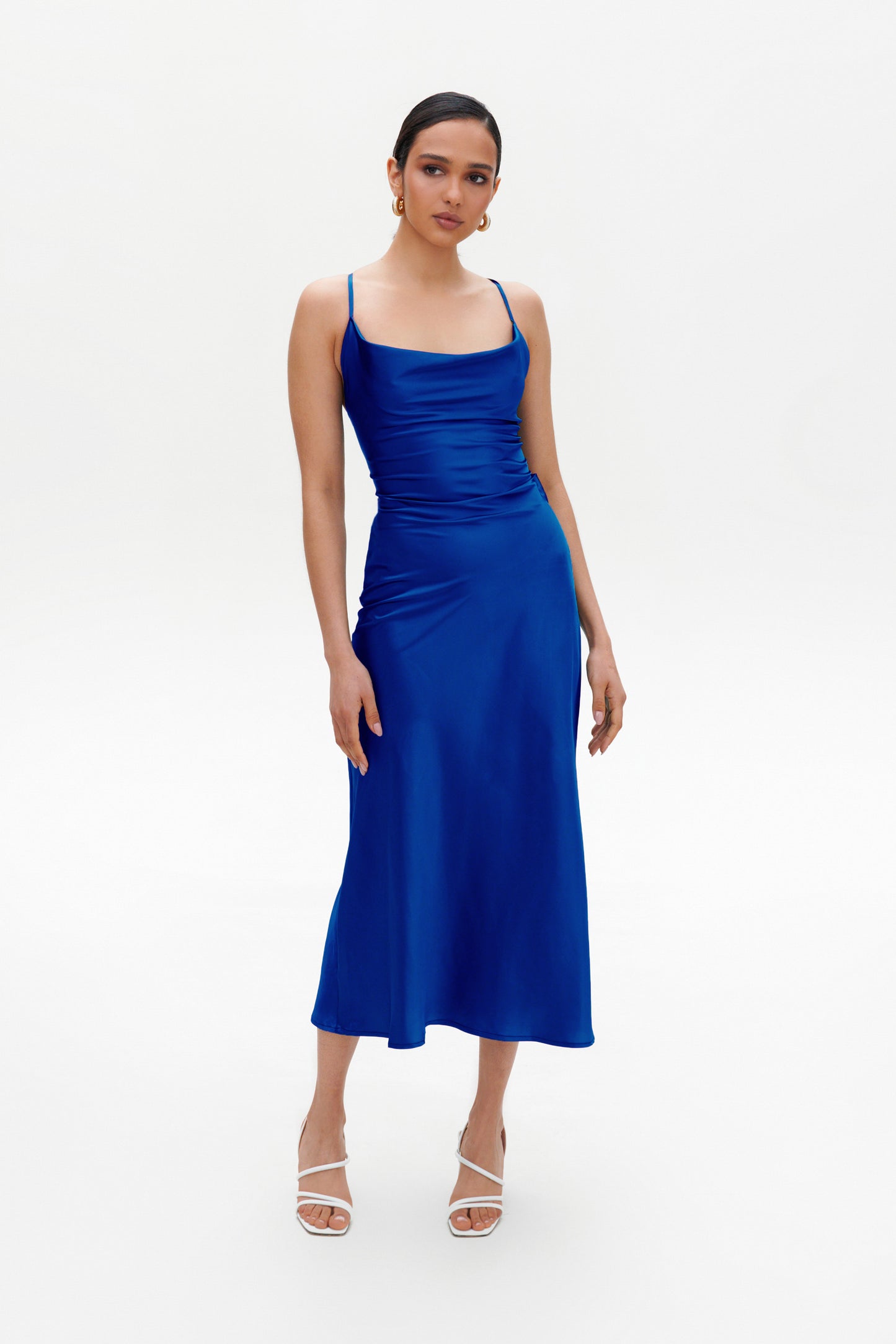 Dark Blue Slip Midi Dress full length – slim fit satin dress styling