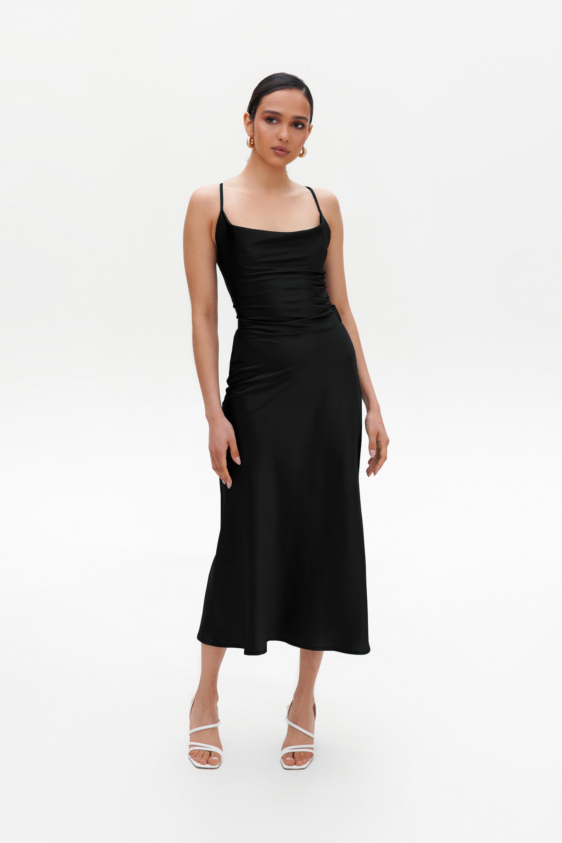 Black slip midi dress front view satin cowl neck