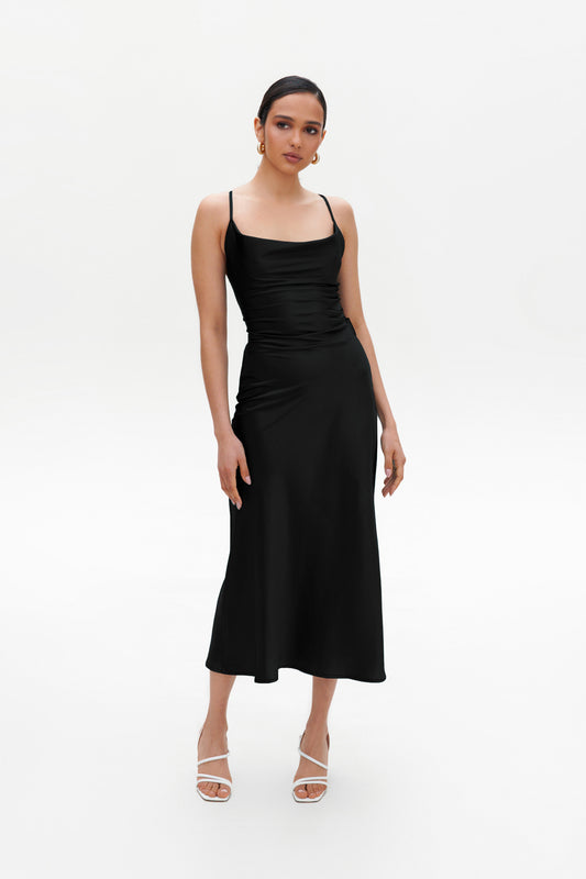 Black slip midi dress front view satin cowl neck