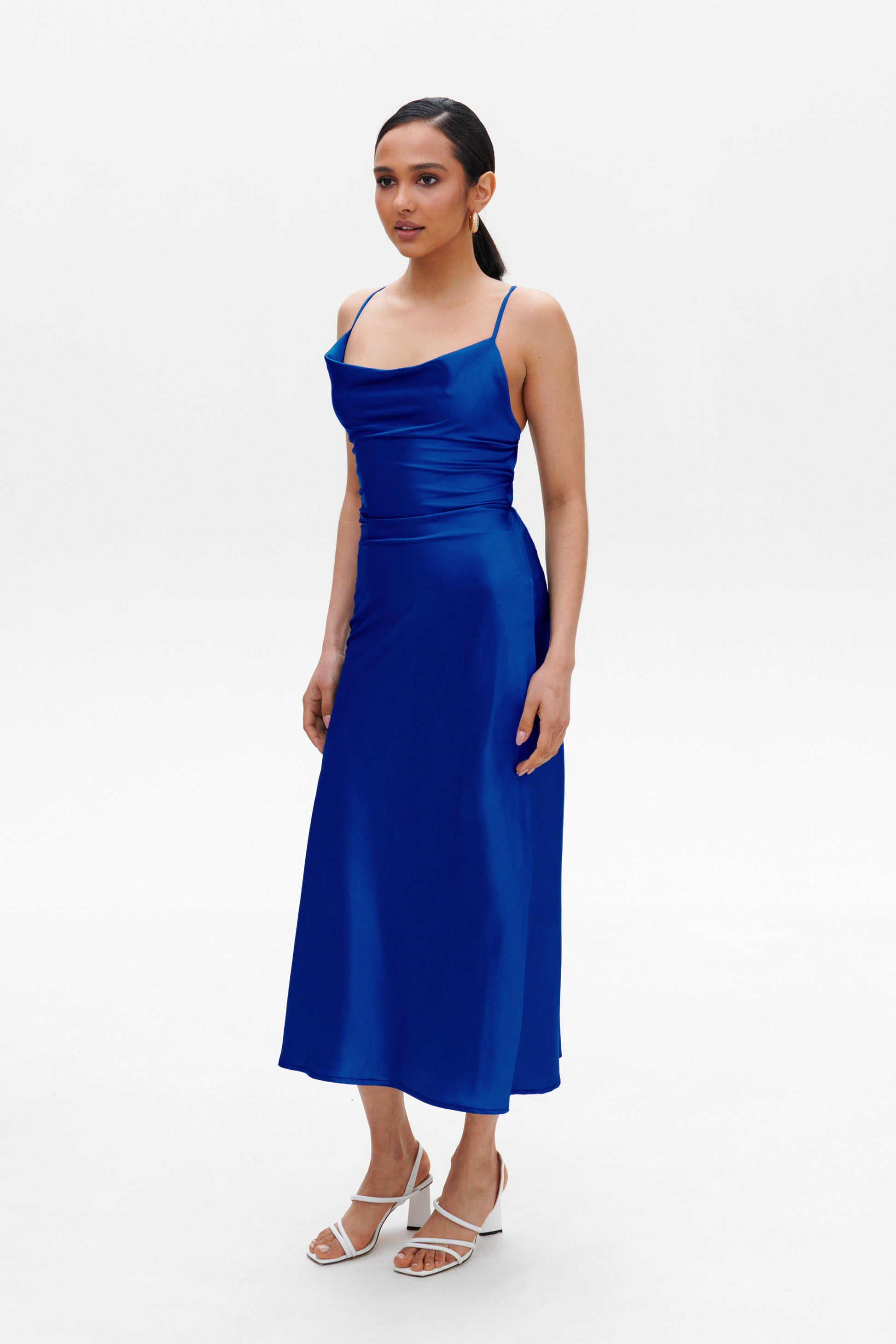 Dark Blue Slip Midi Dress angled view – elegant satin midi dress