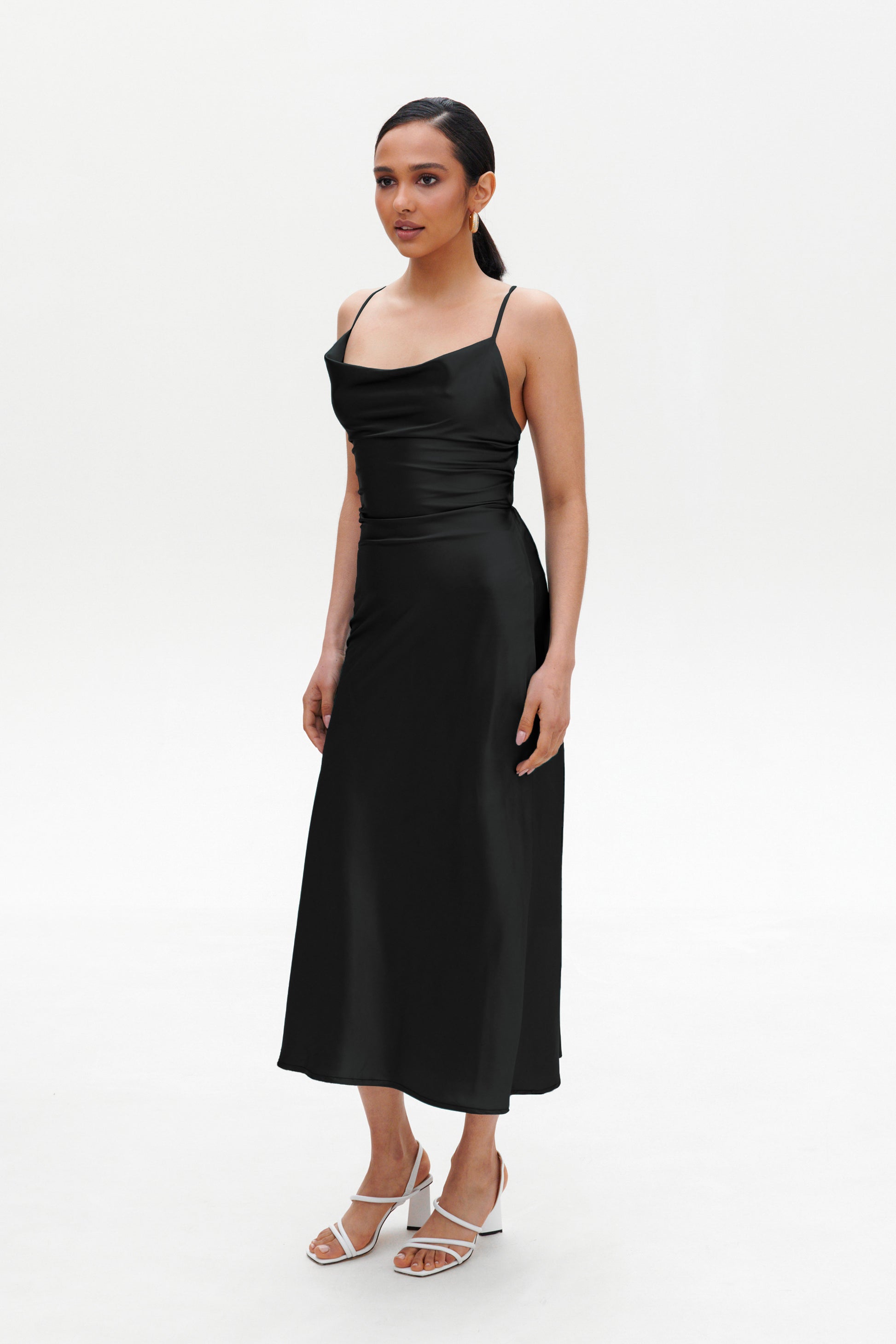 Black slip midi dress side view elegant satin
