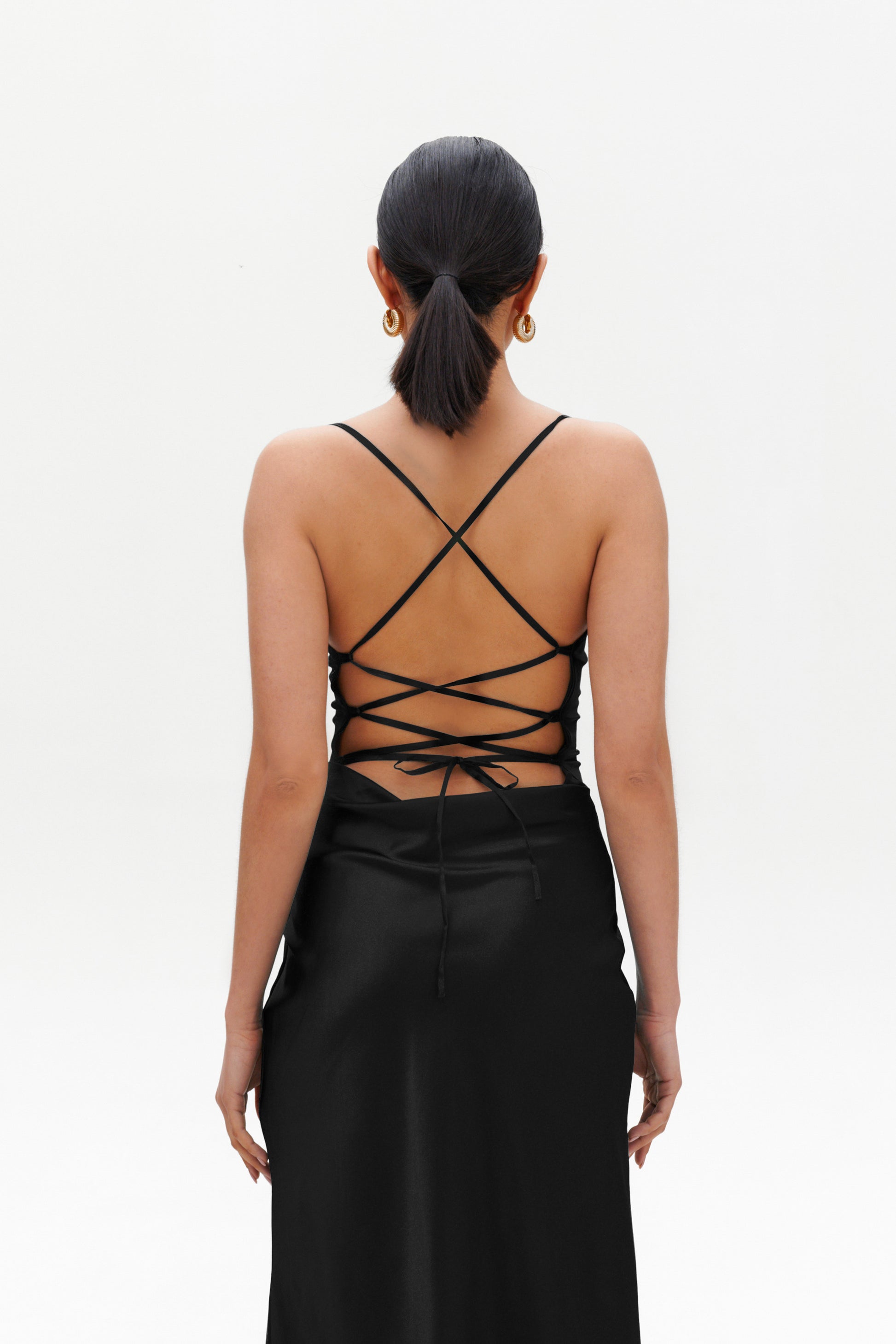 Black slip midi dress model full look