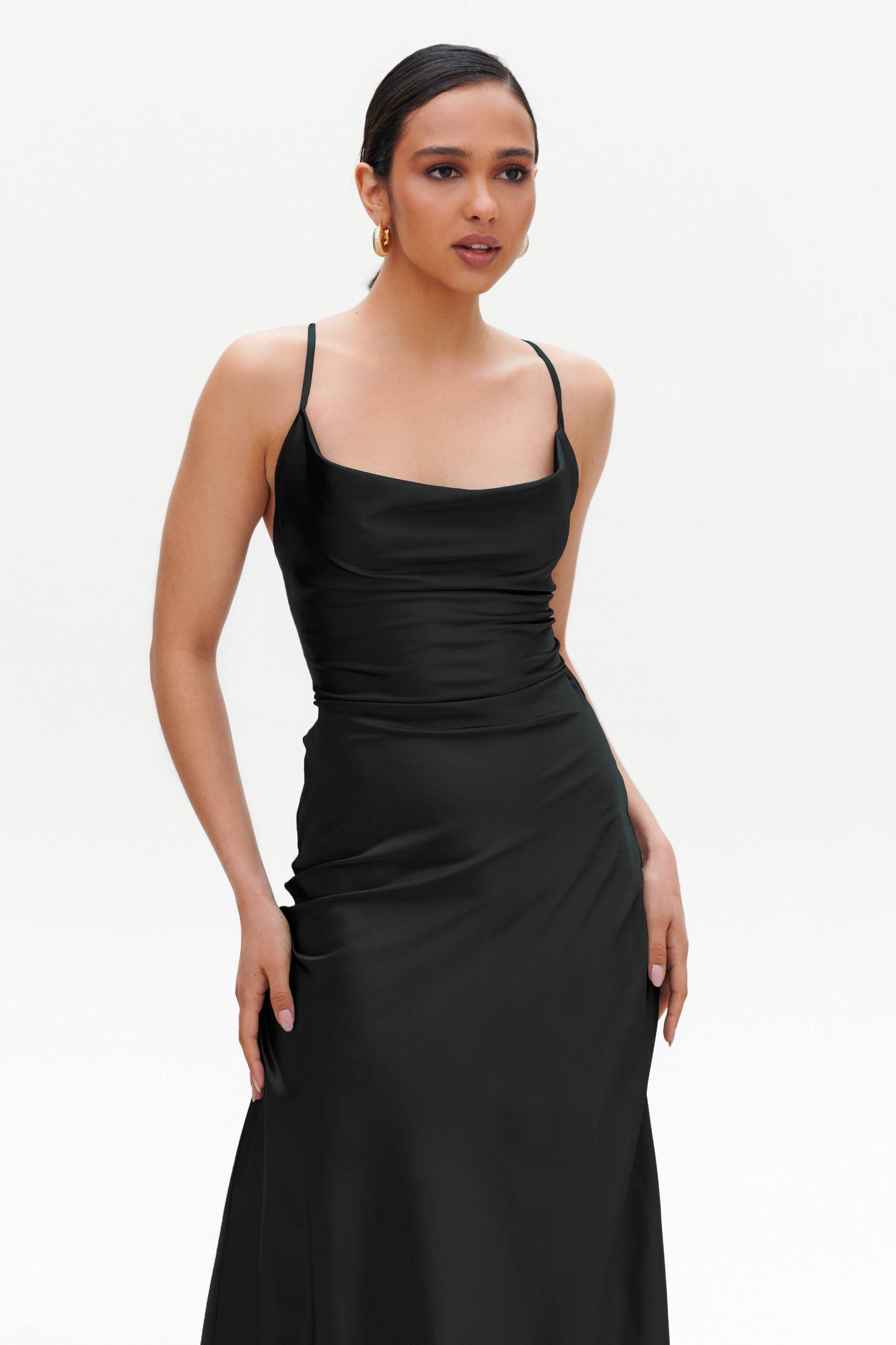 Black slip midi dress back view lace-up design