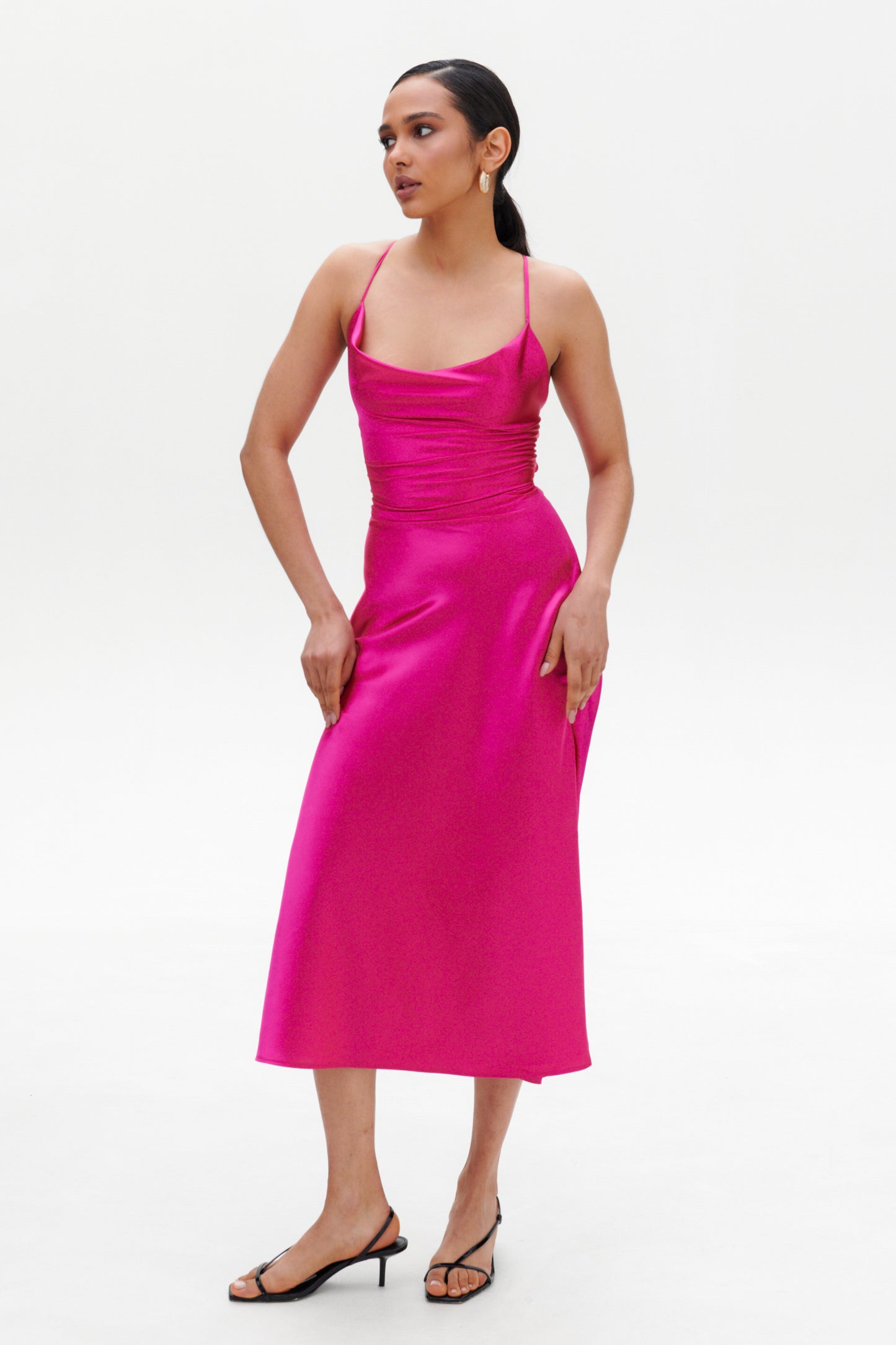 Fuchsia Slip Midi Dress model styling – chic satin slim fit dress