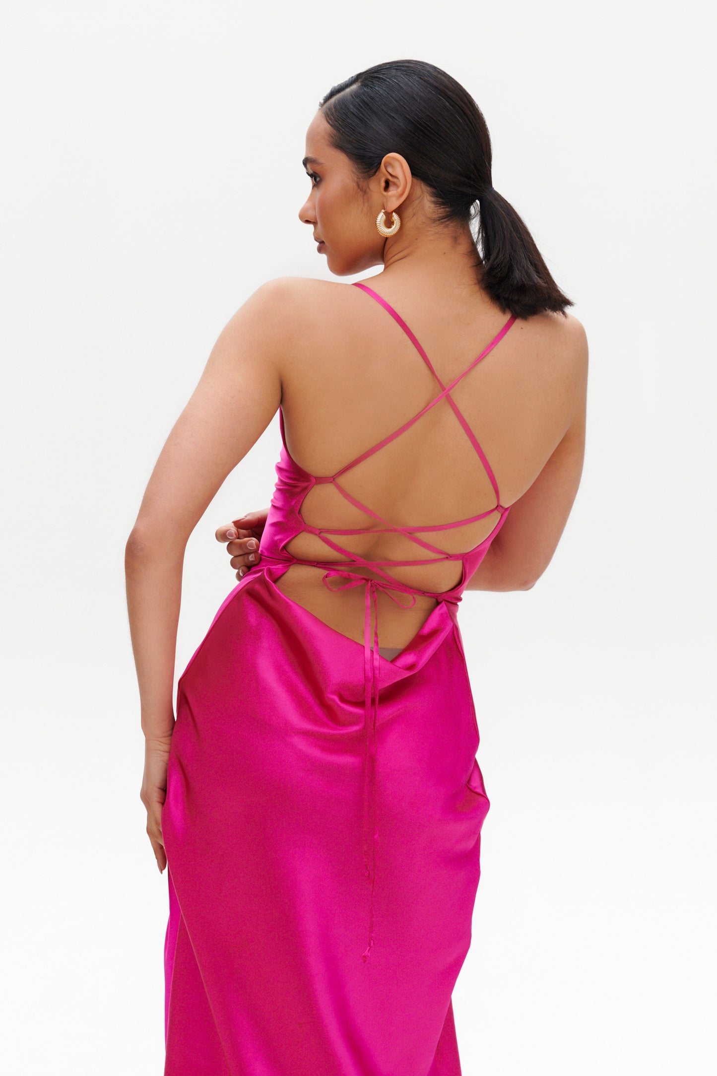 Fuchsia Slip Midi Dress side view – feminine satin evening outfit