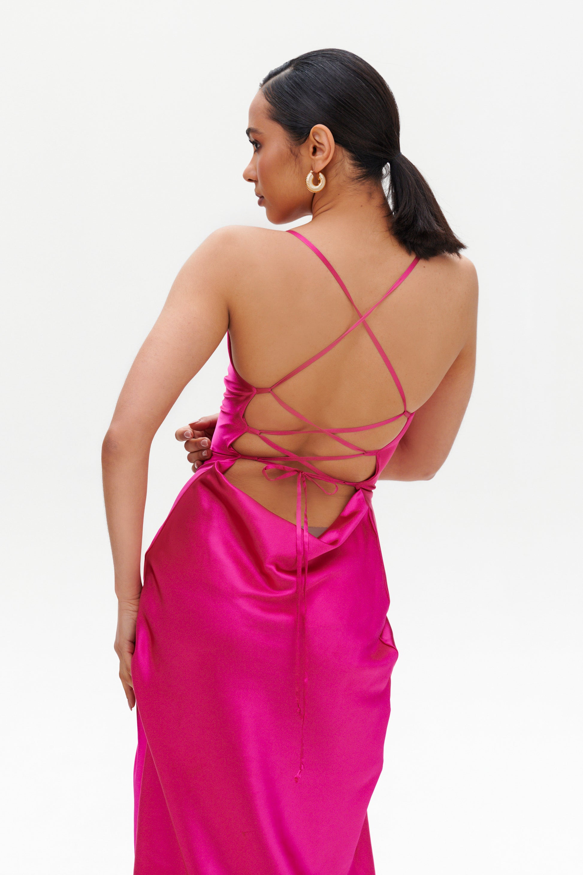 Fuchsia Slip Midi Dress side view – feminine satin evening outfit
