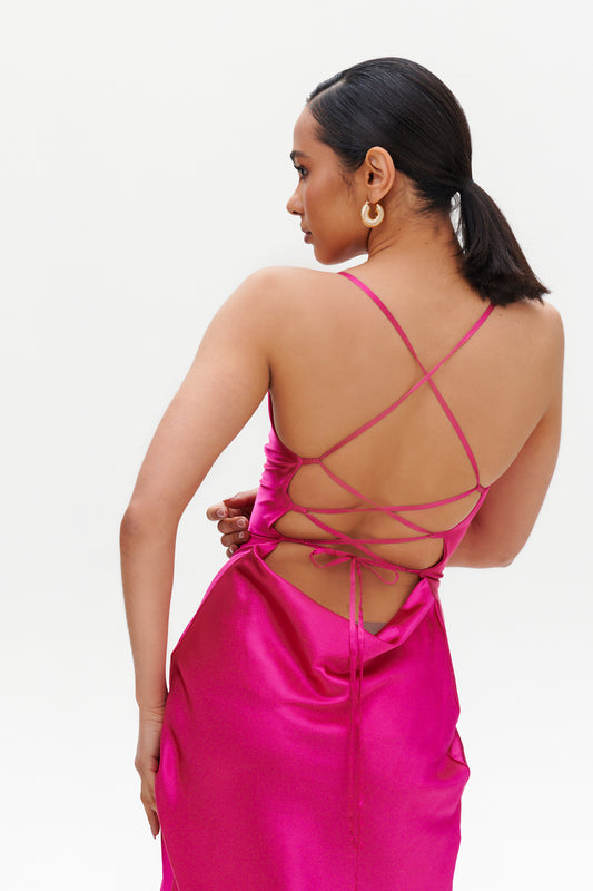 Fuchsia Slip Mini Dress front view – chic satin short dress