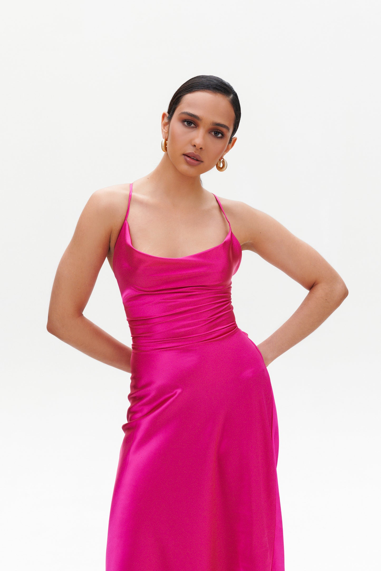 Fuchsia Slip Midi Dress close-up – satin cowl neck slim fit