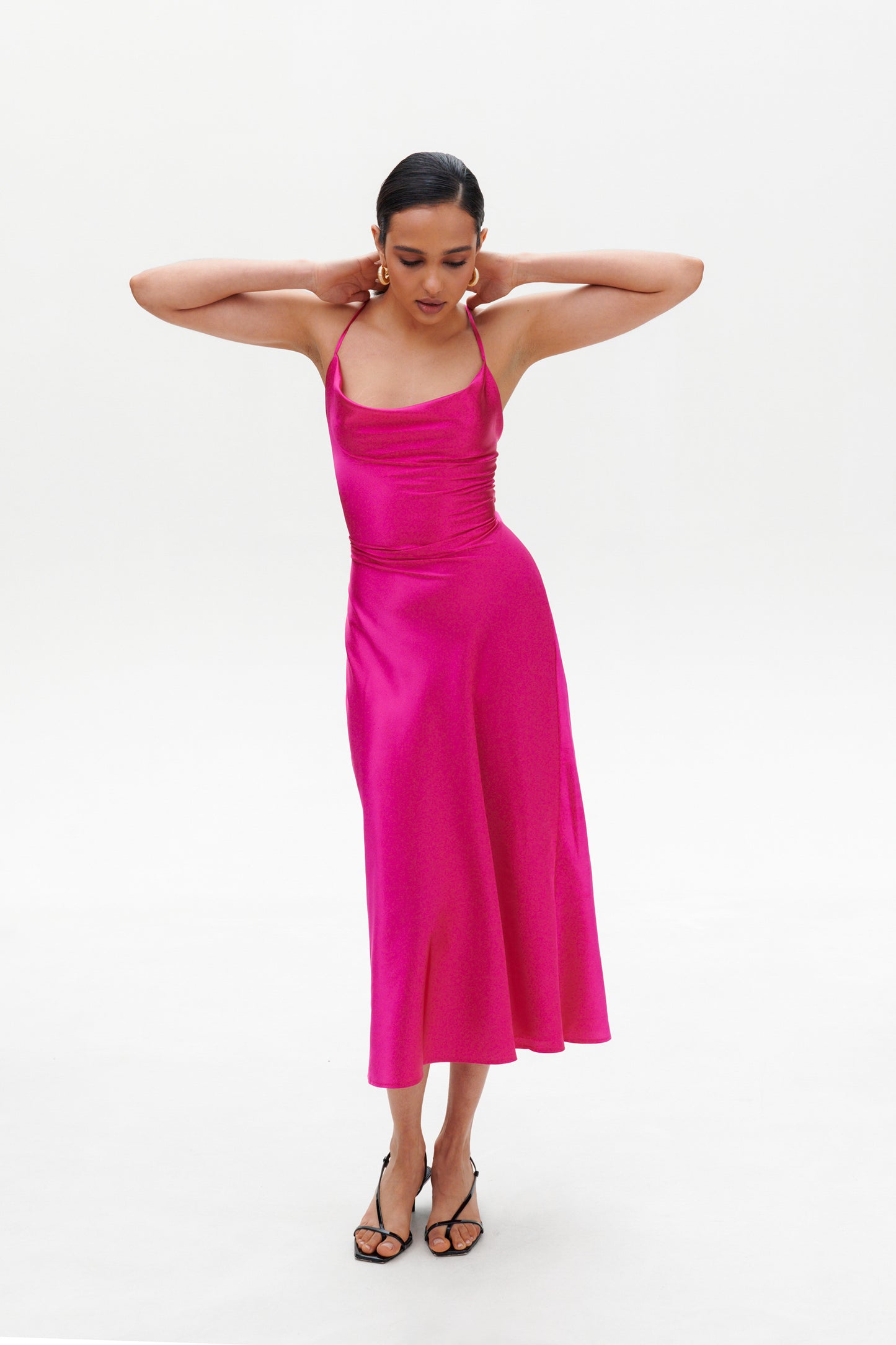 Fuchsia Slip Midi Dress – Elegant Satin Cowl Neck Dress