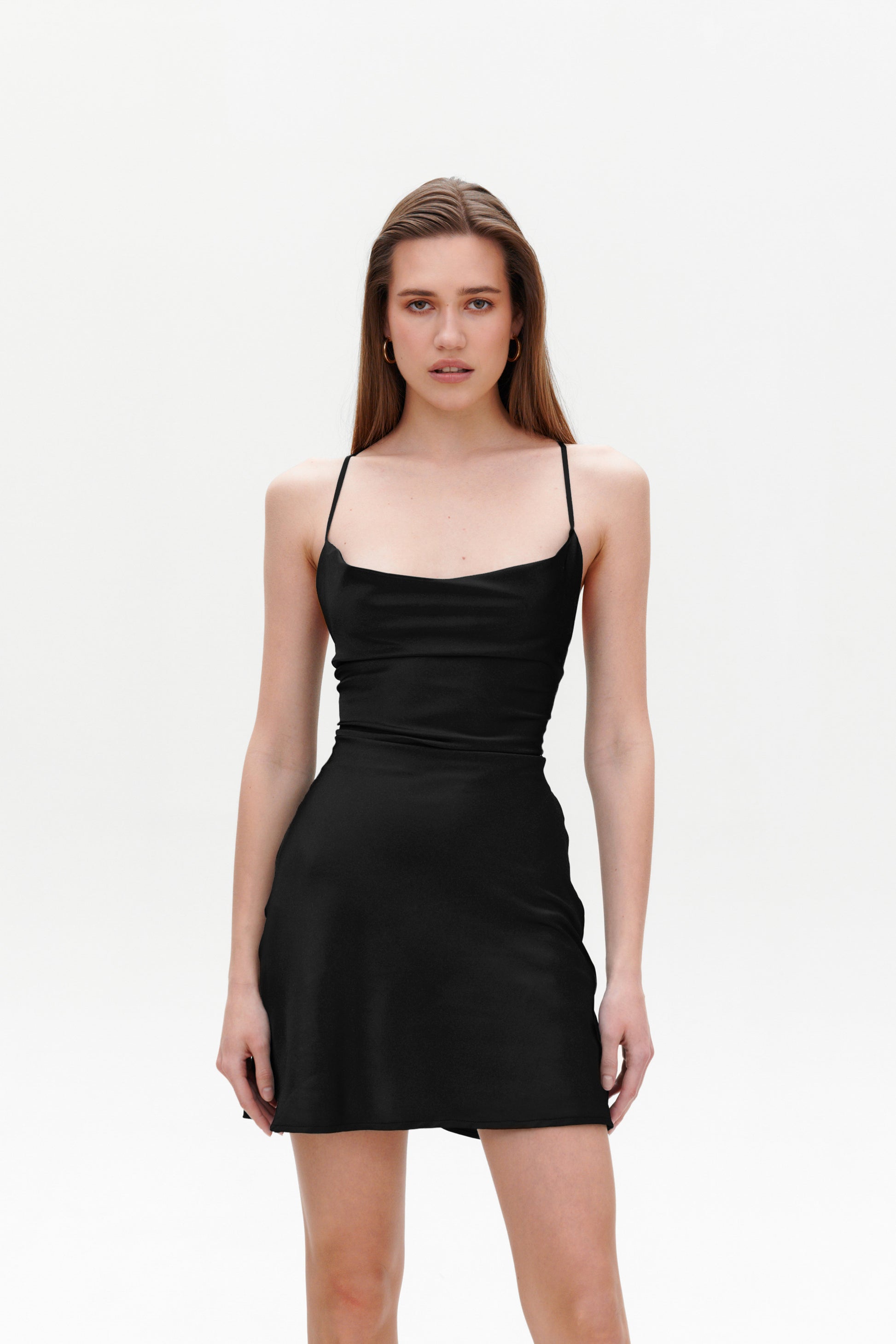 Black slip mini dress front close up