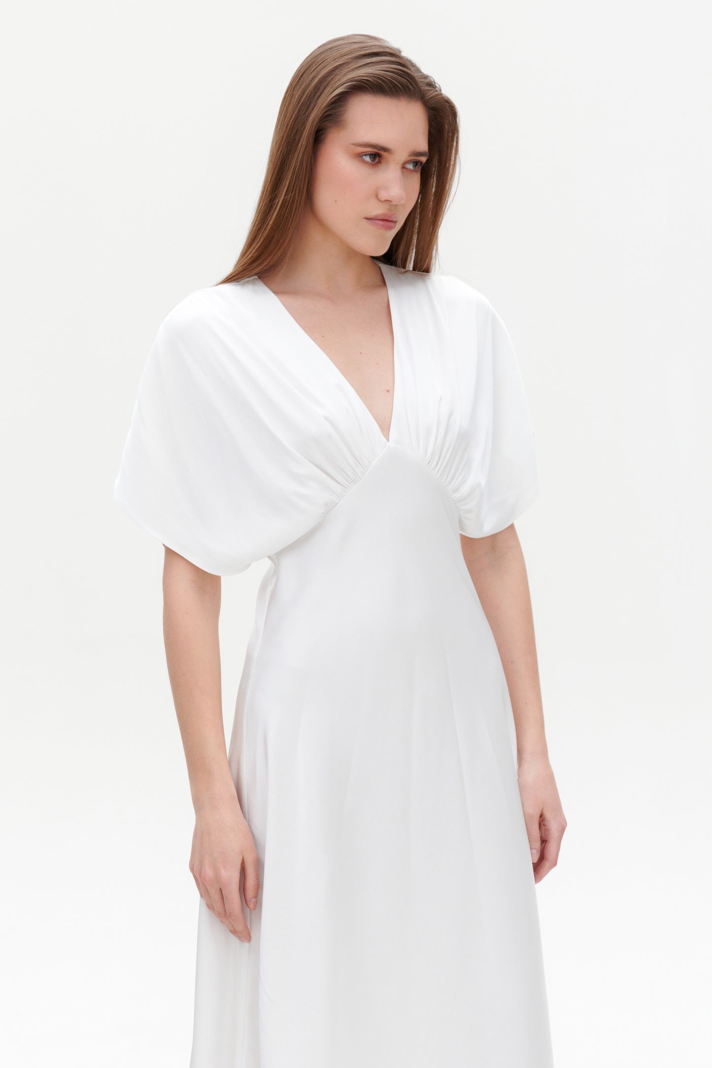 White Gretta Dress front view – elegant satin white maxi dress