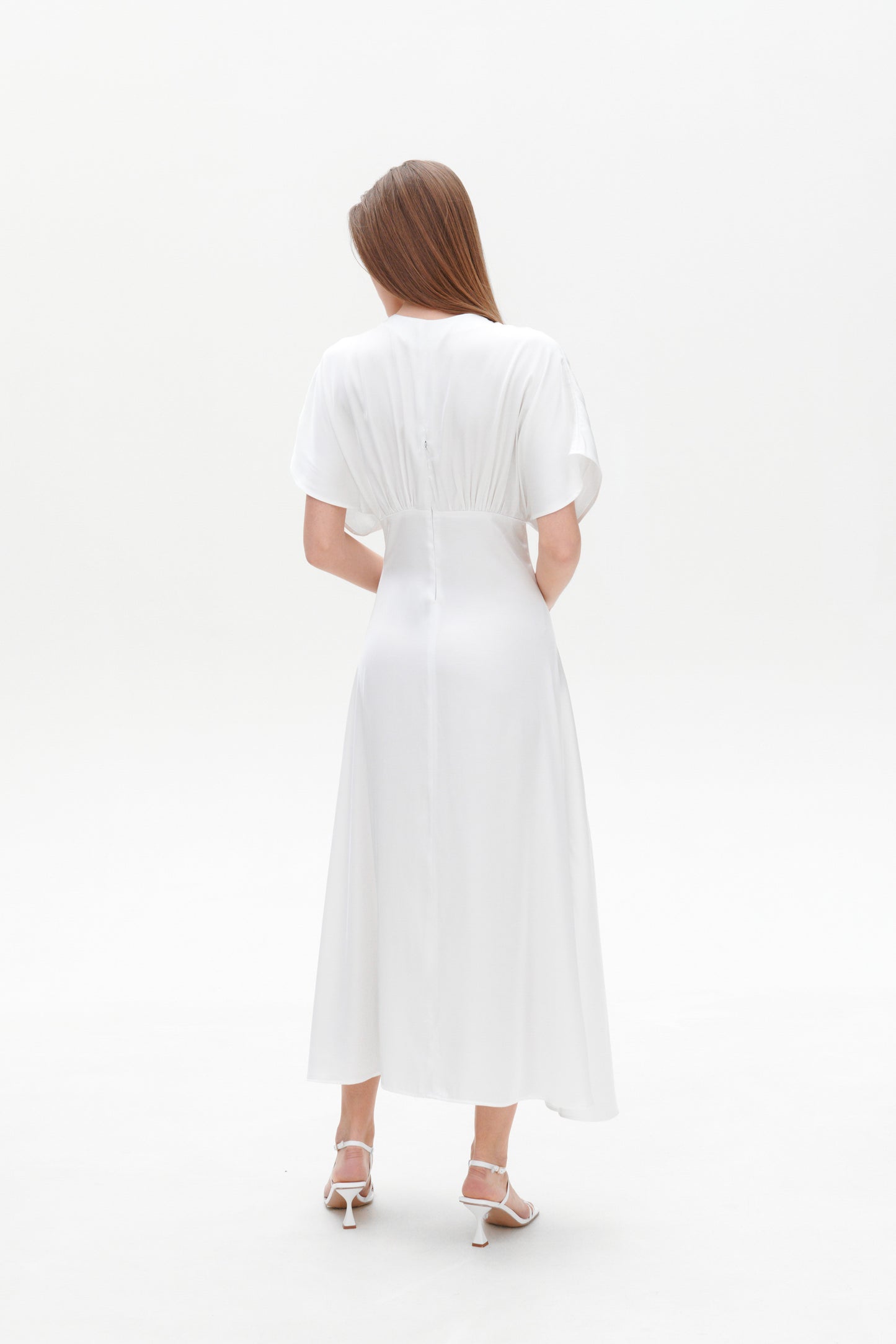 White Gretta Dress back view – elegant white satin maxi dress