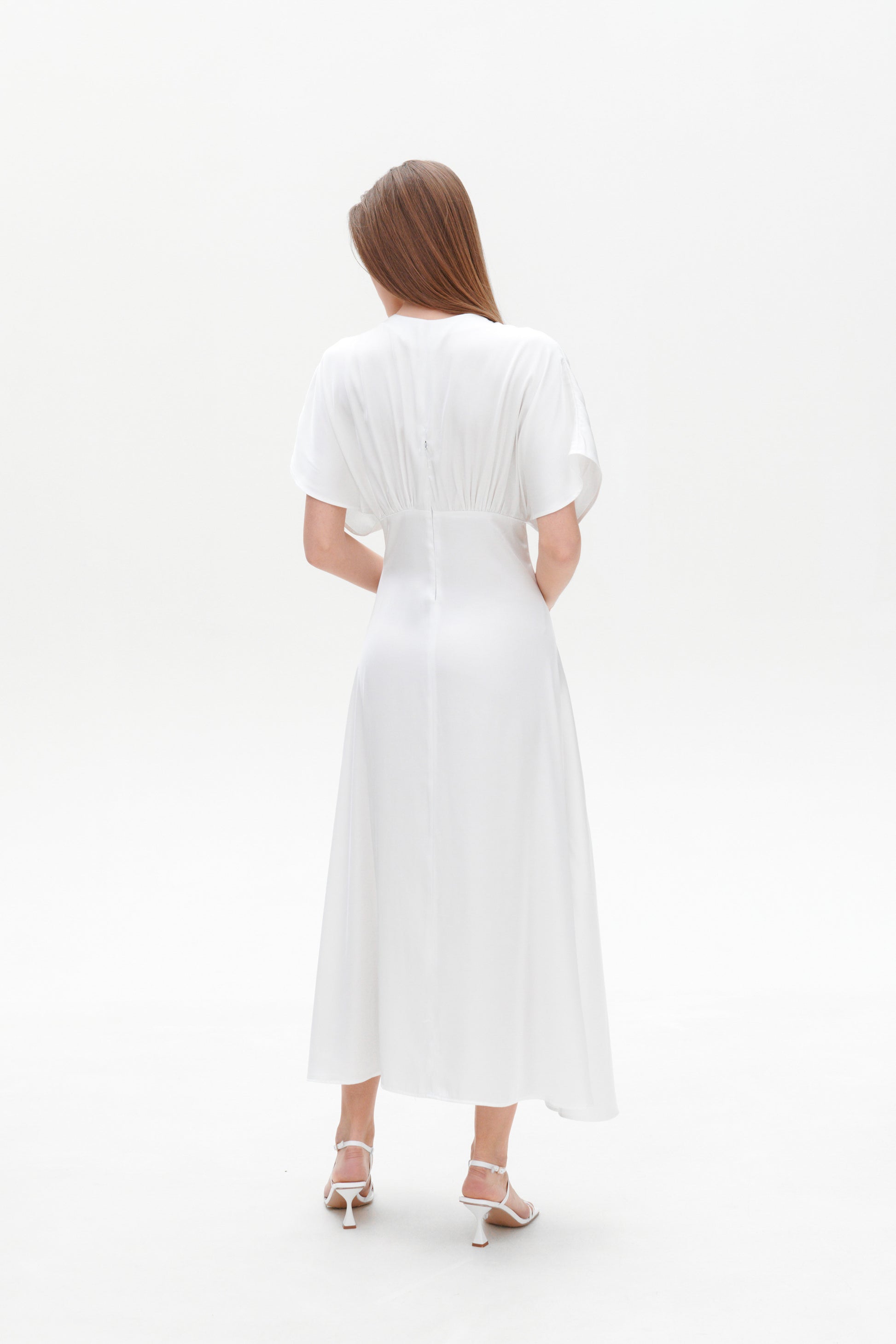 White Gretta Dress back view – elegant white satin maxi dress