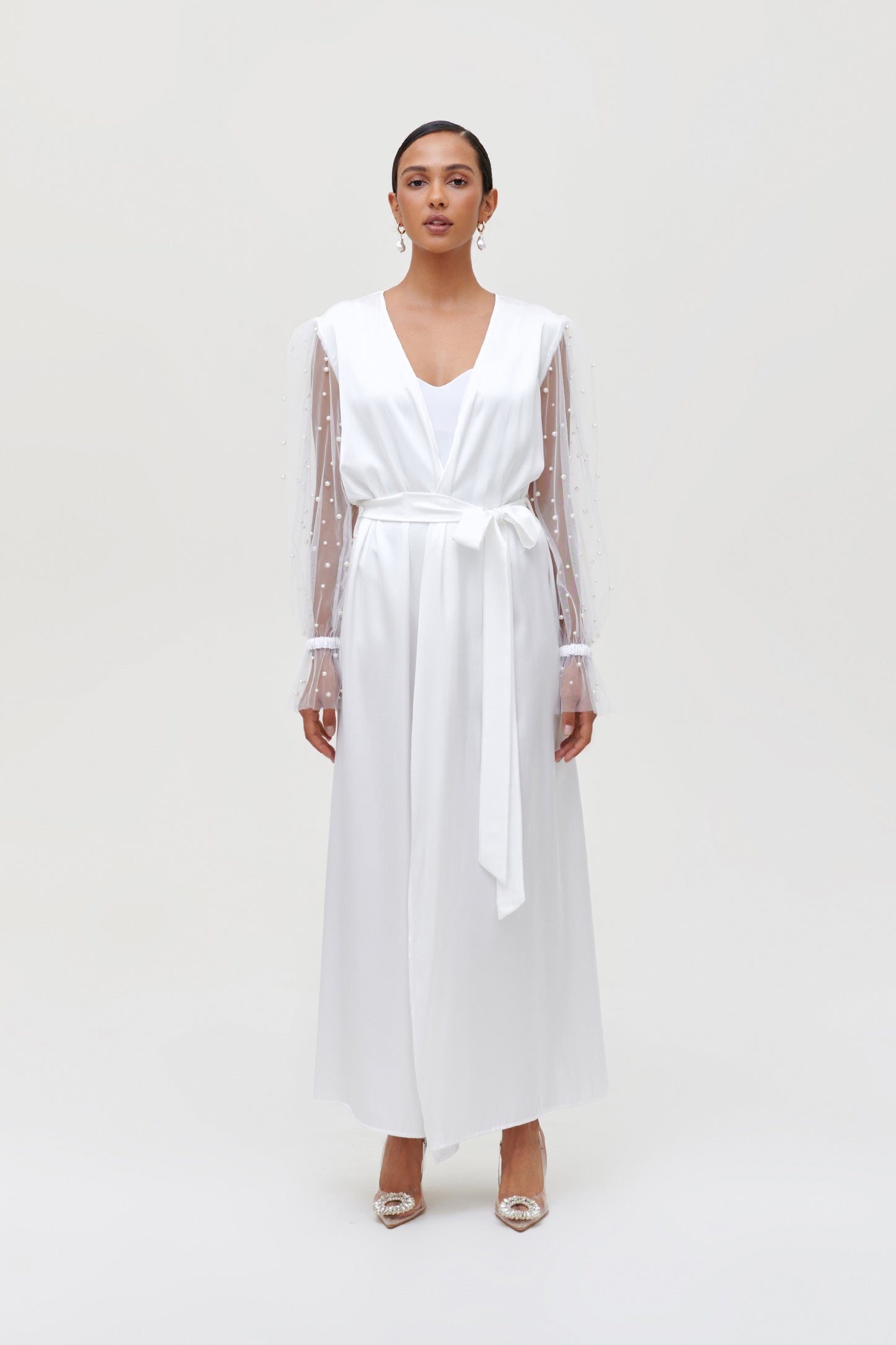 white pearl bridal robe long satin with waist tie