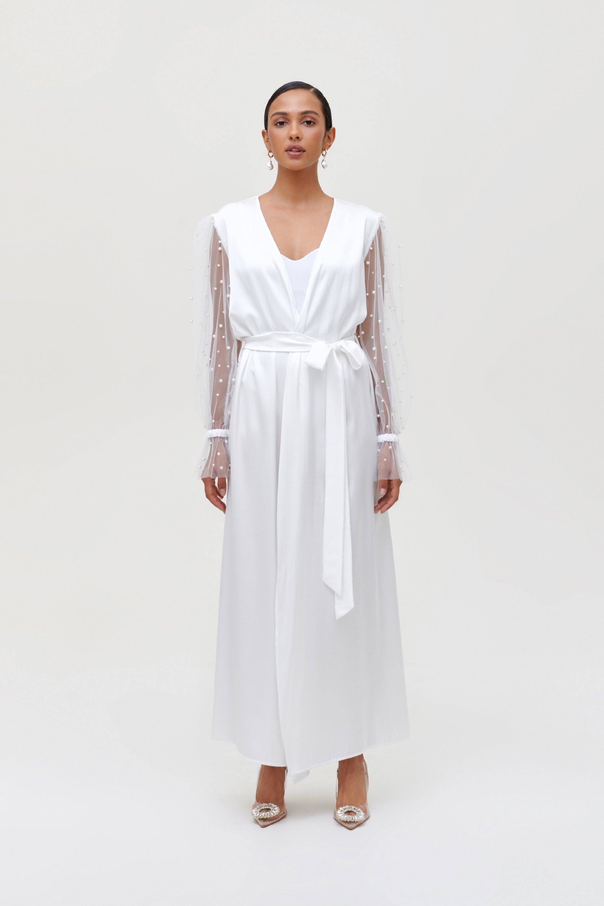 white pearl bridal robe long satin with waist tie