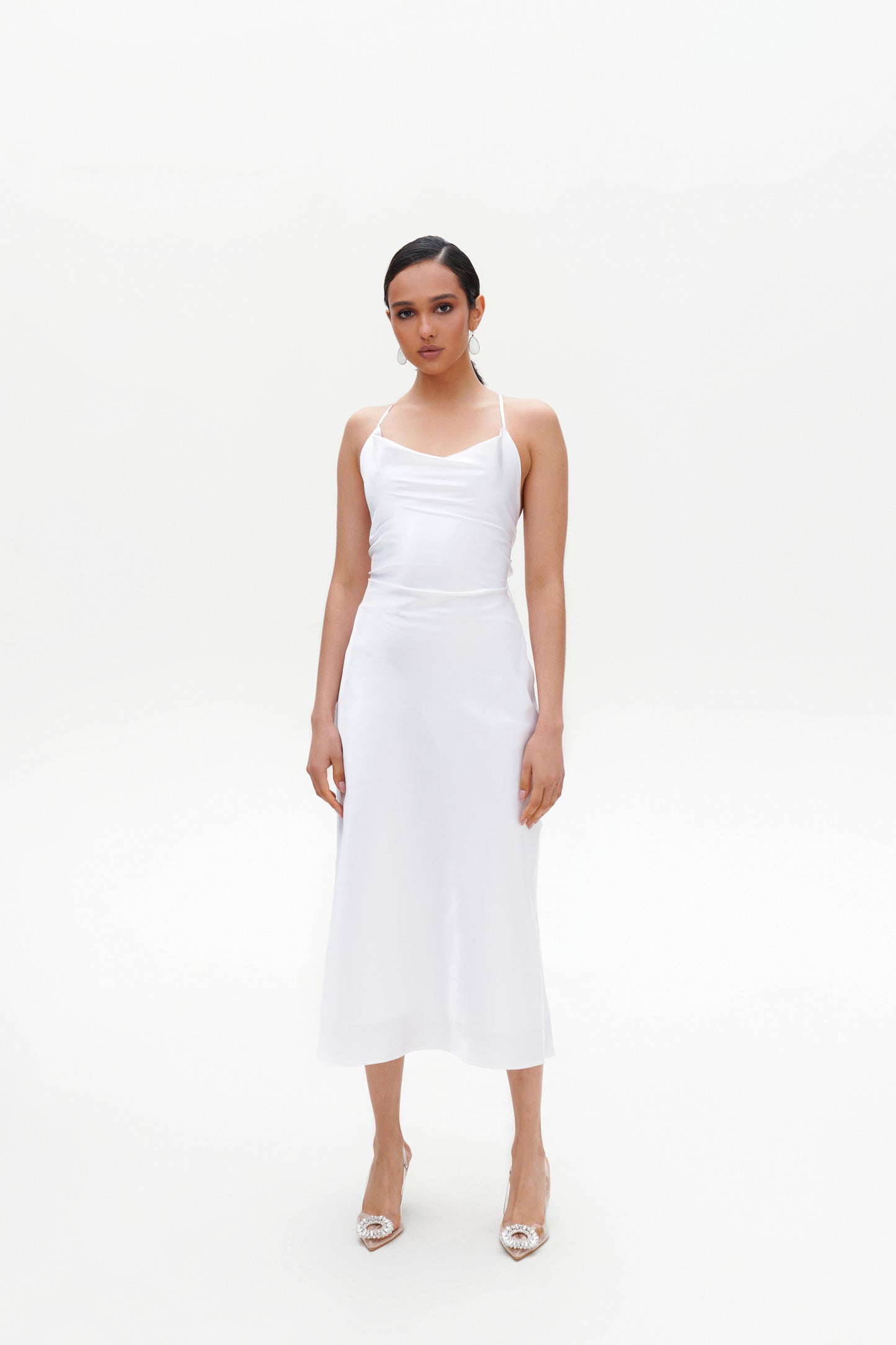 White Slip Midi Dress side view – elegant satin midi dress with cami straps