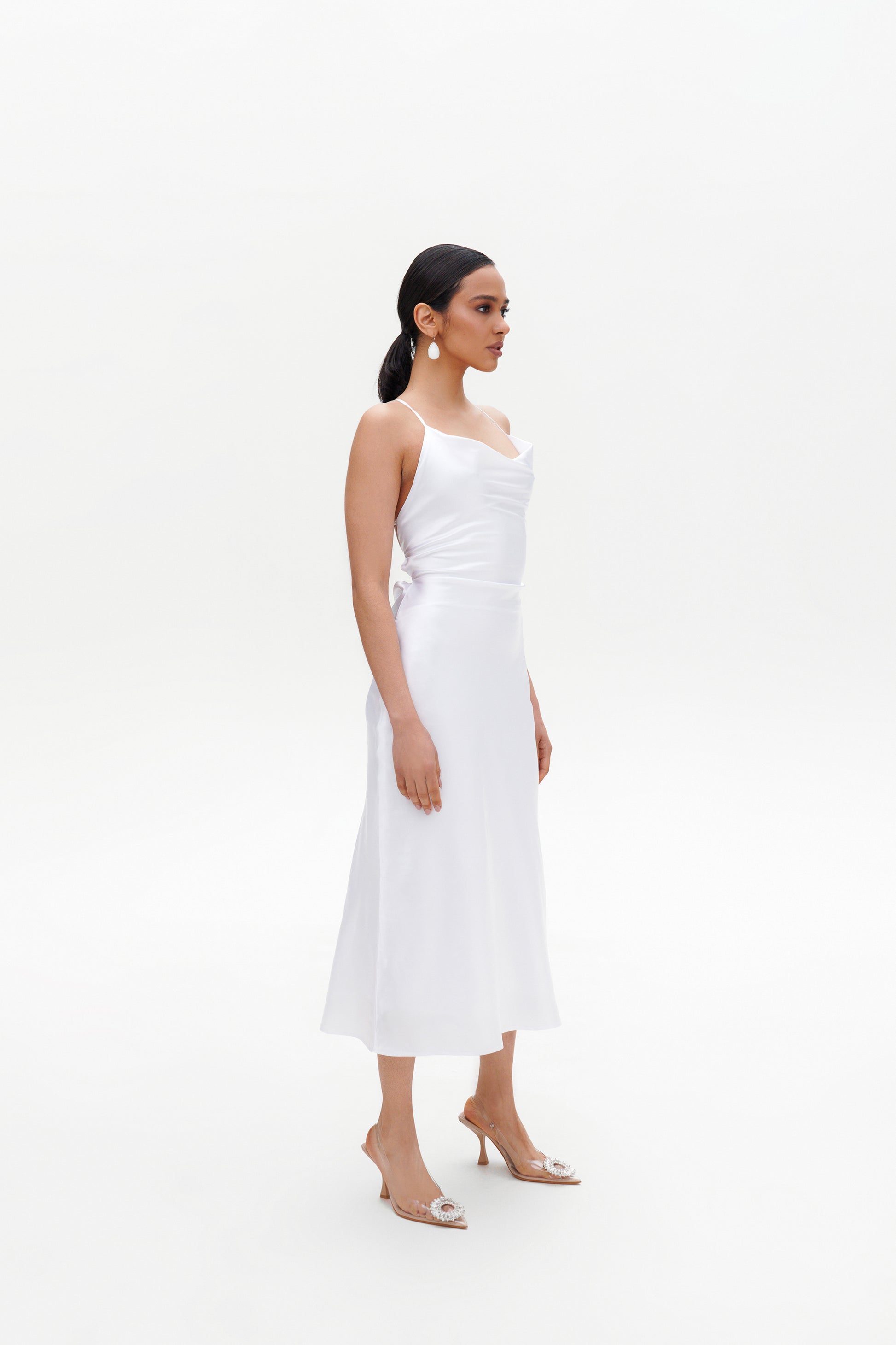 White Slip Midi Dress close-up – satin fabric white midi dress with cowl neck