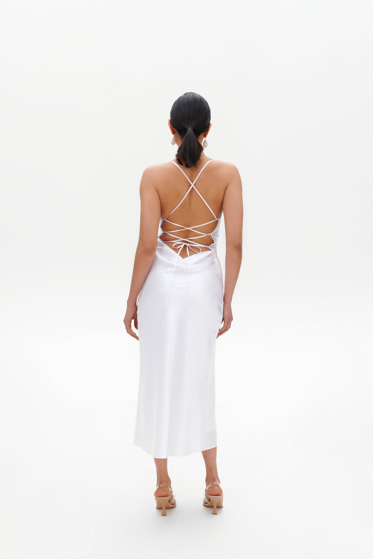 White Slip Midi Dress full back view – elegant satin white midi dress