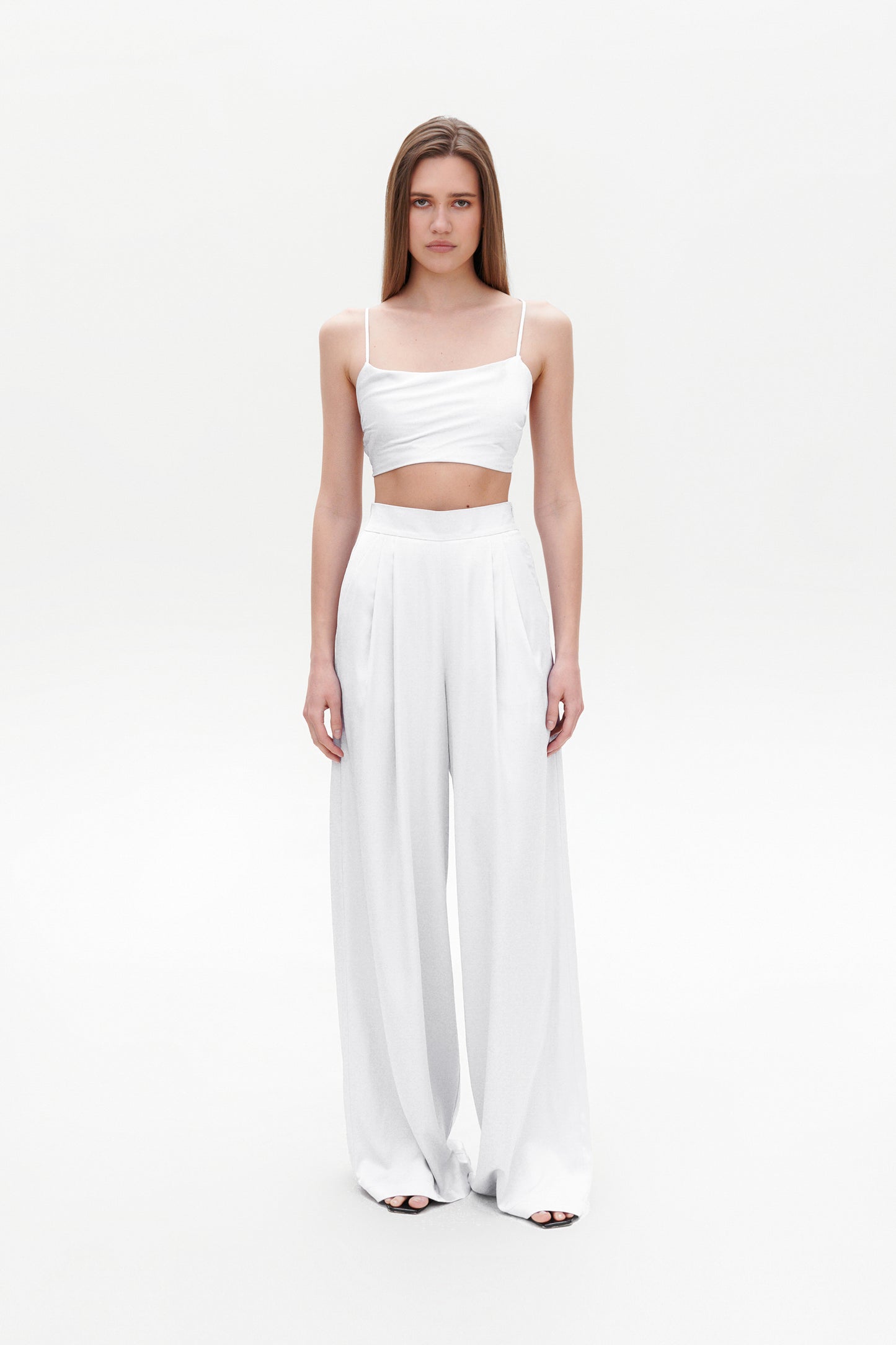 White Satin Palazzo Pants front view