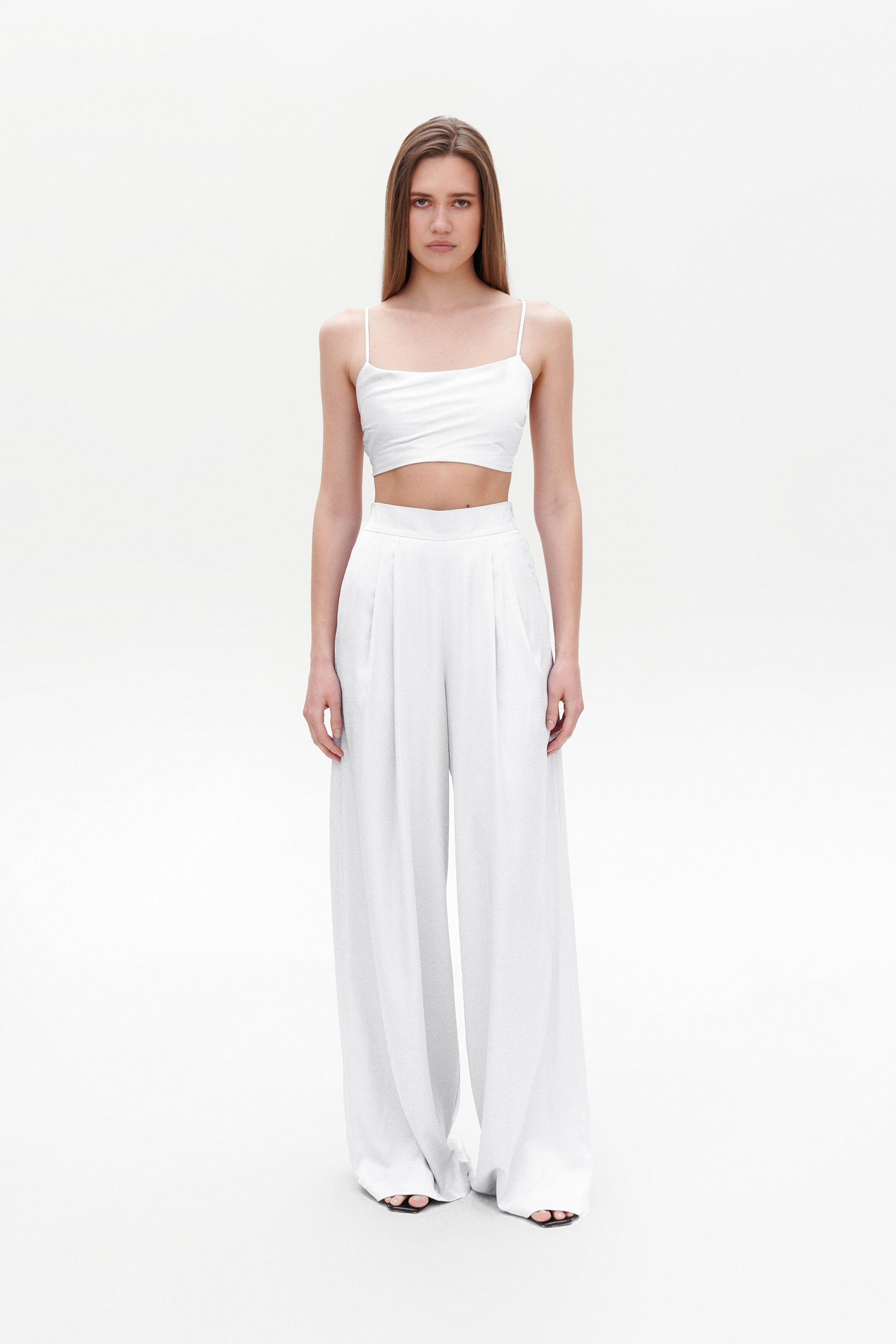 White Satin Palazzo Pants front view