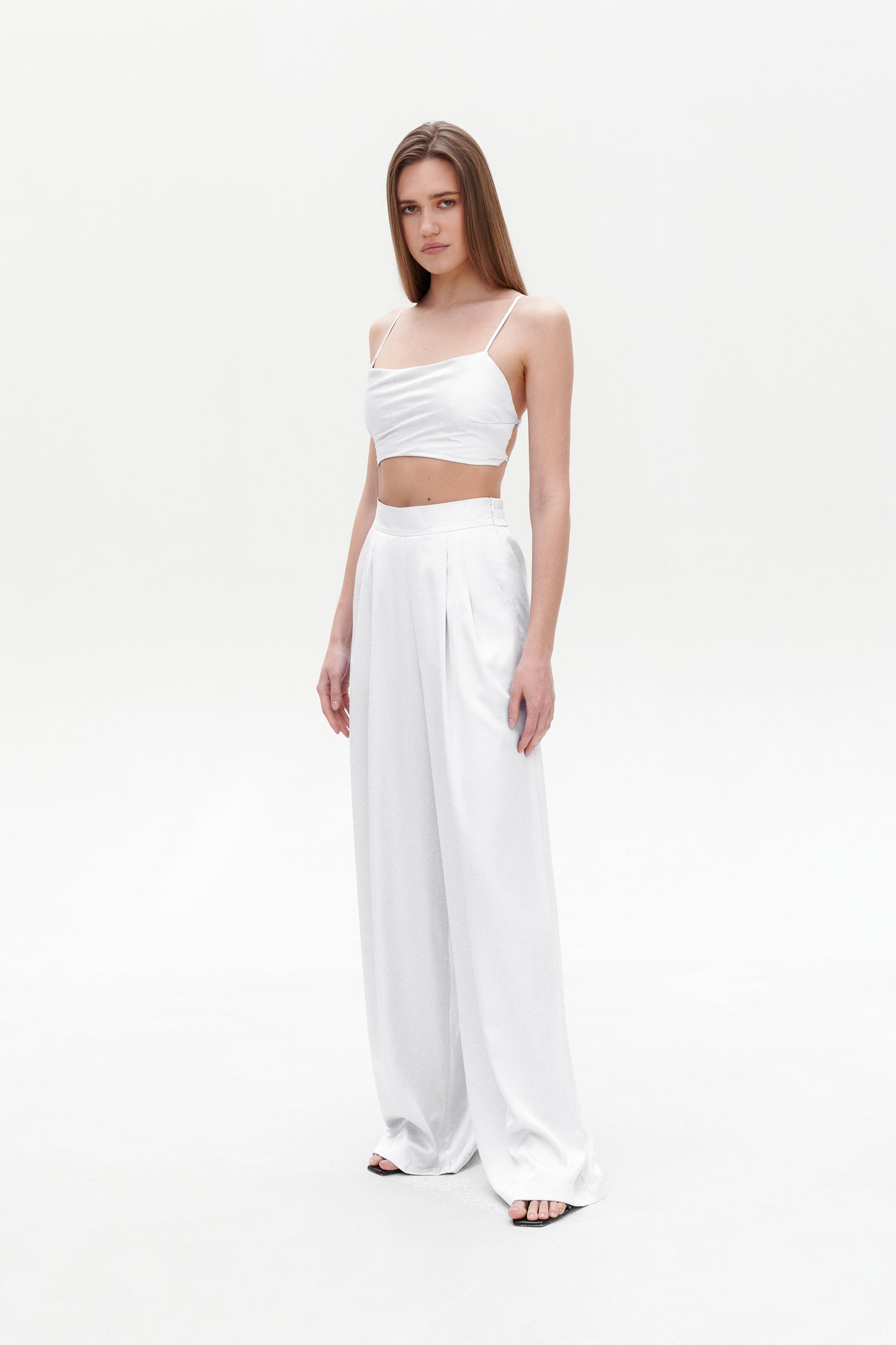White Satin Palazzo Pants – High Rise Wide Leg Trousers
