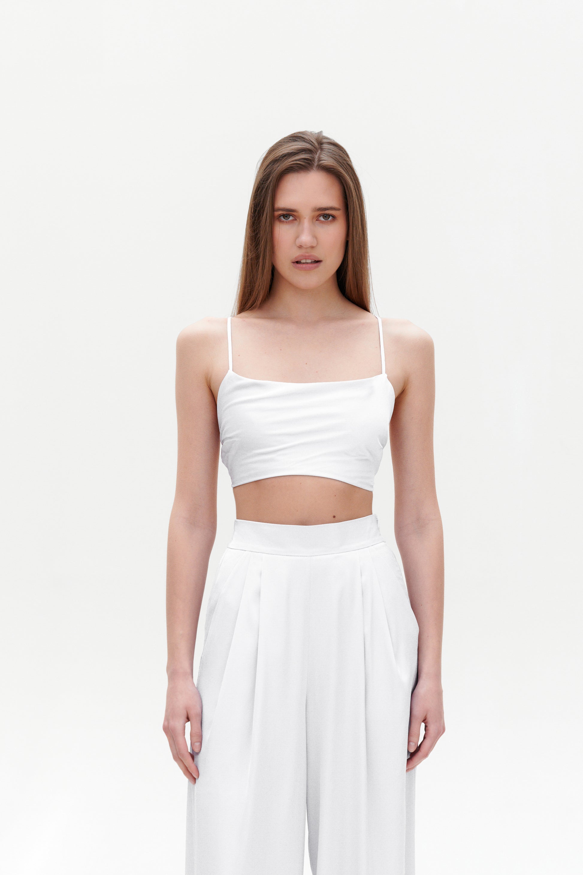 White Satin Top angled view – chic satin cropped cami outfit