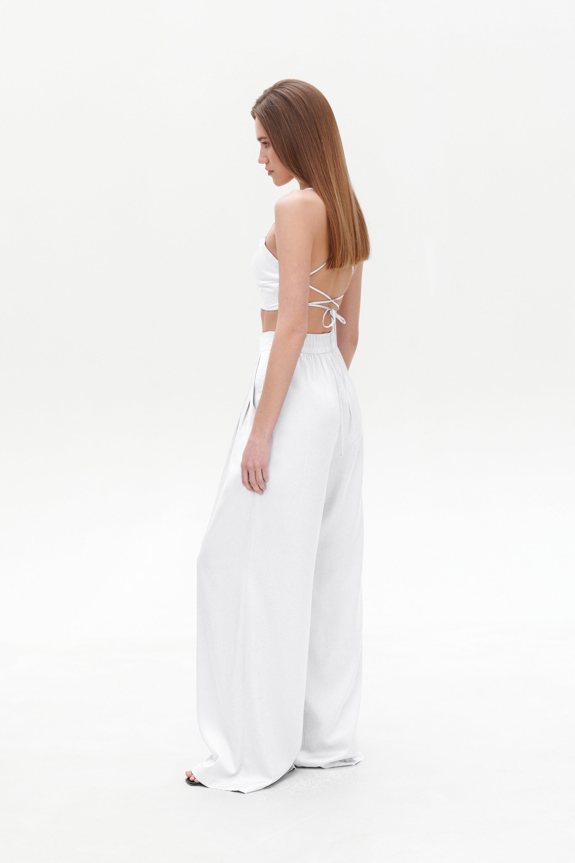 White Satin Palazzo Pants side view