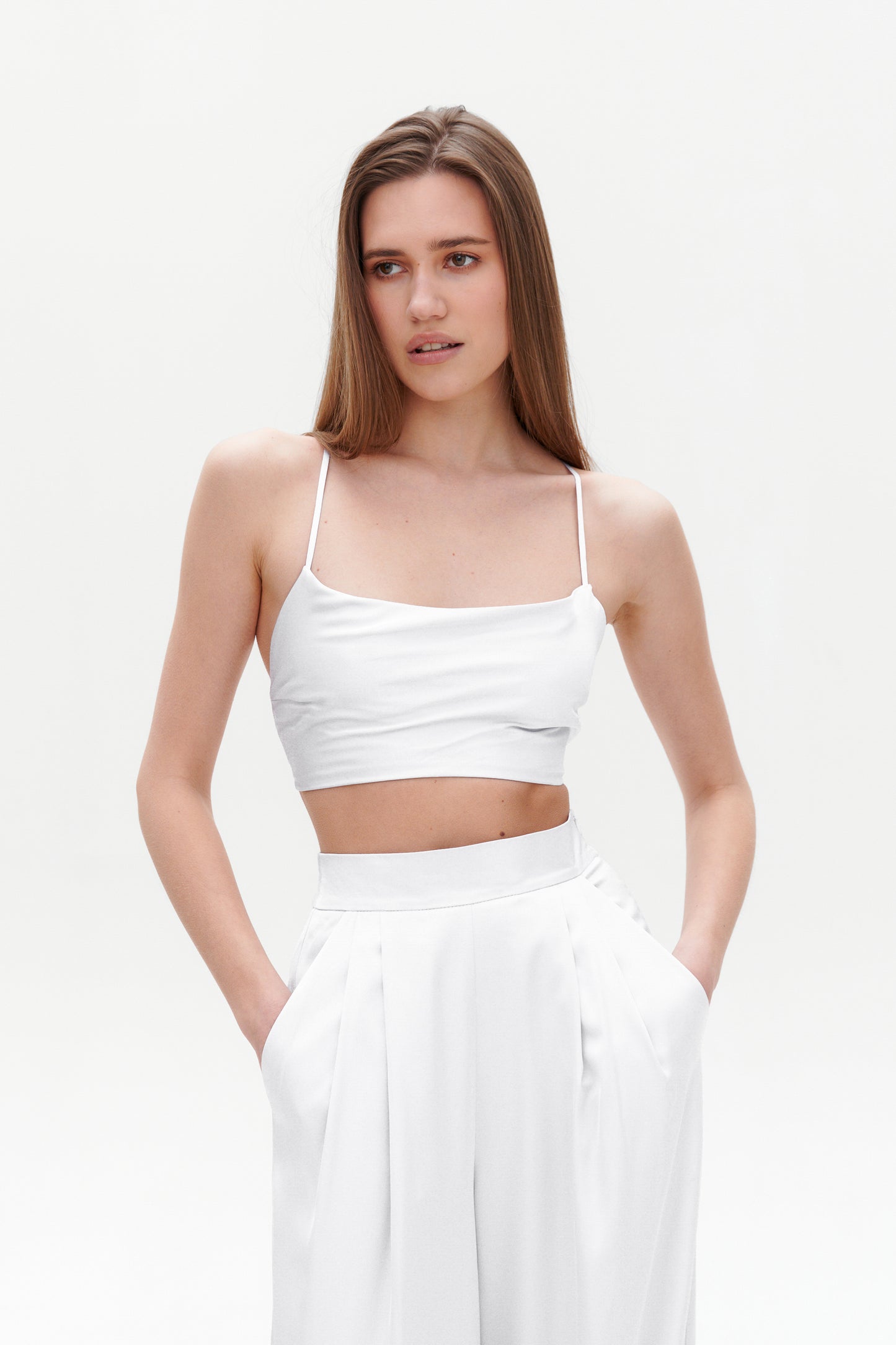White Satin Palazzo Pants back view