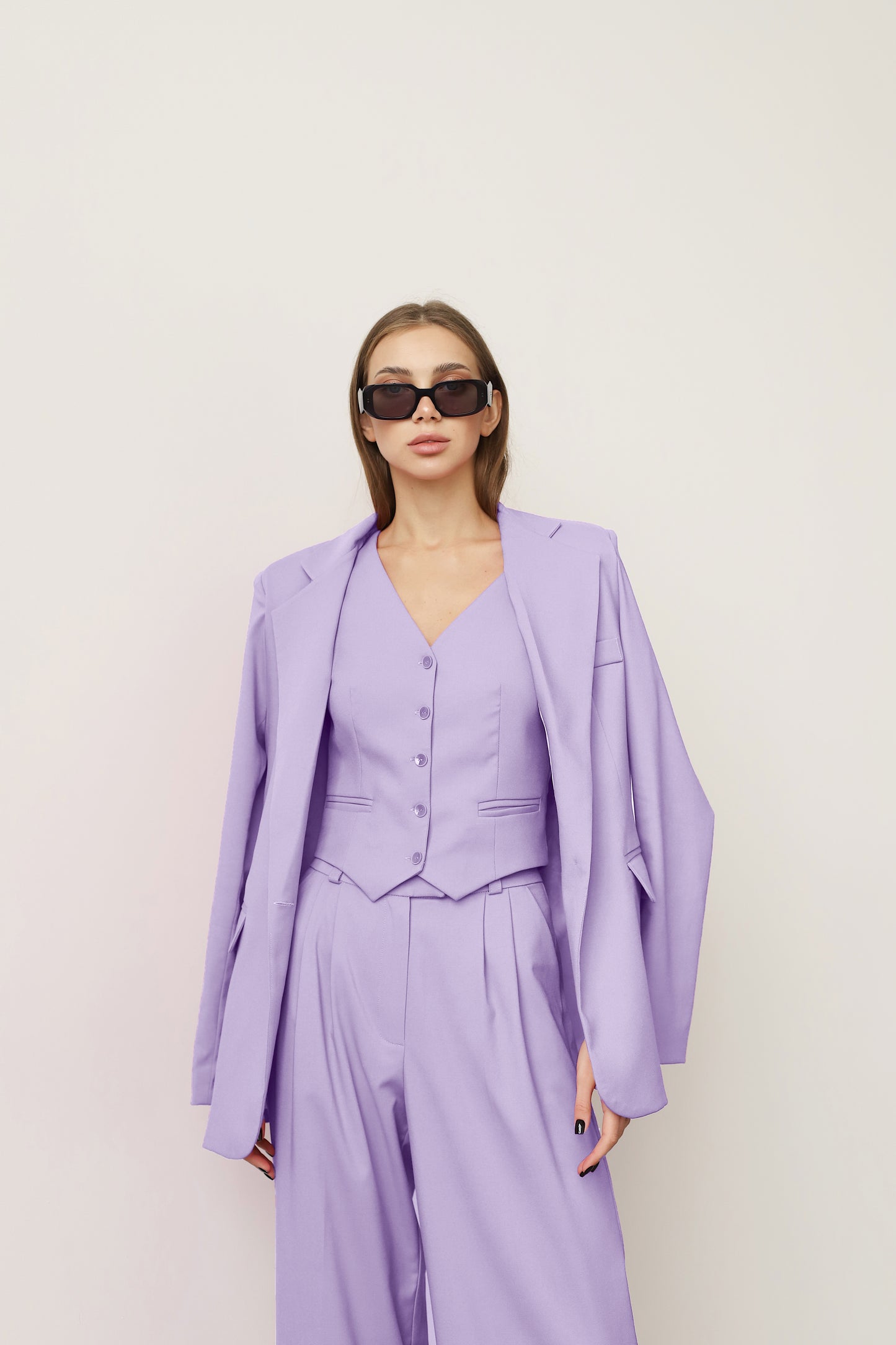 lilac pants and blazer suit