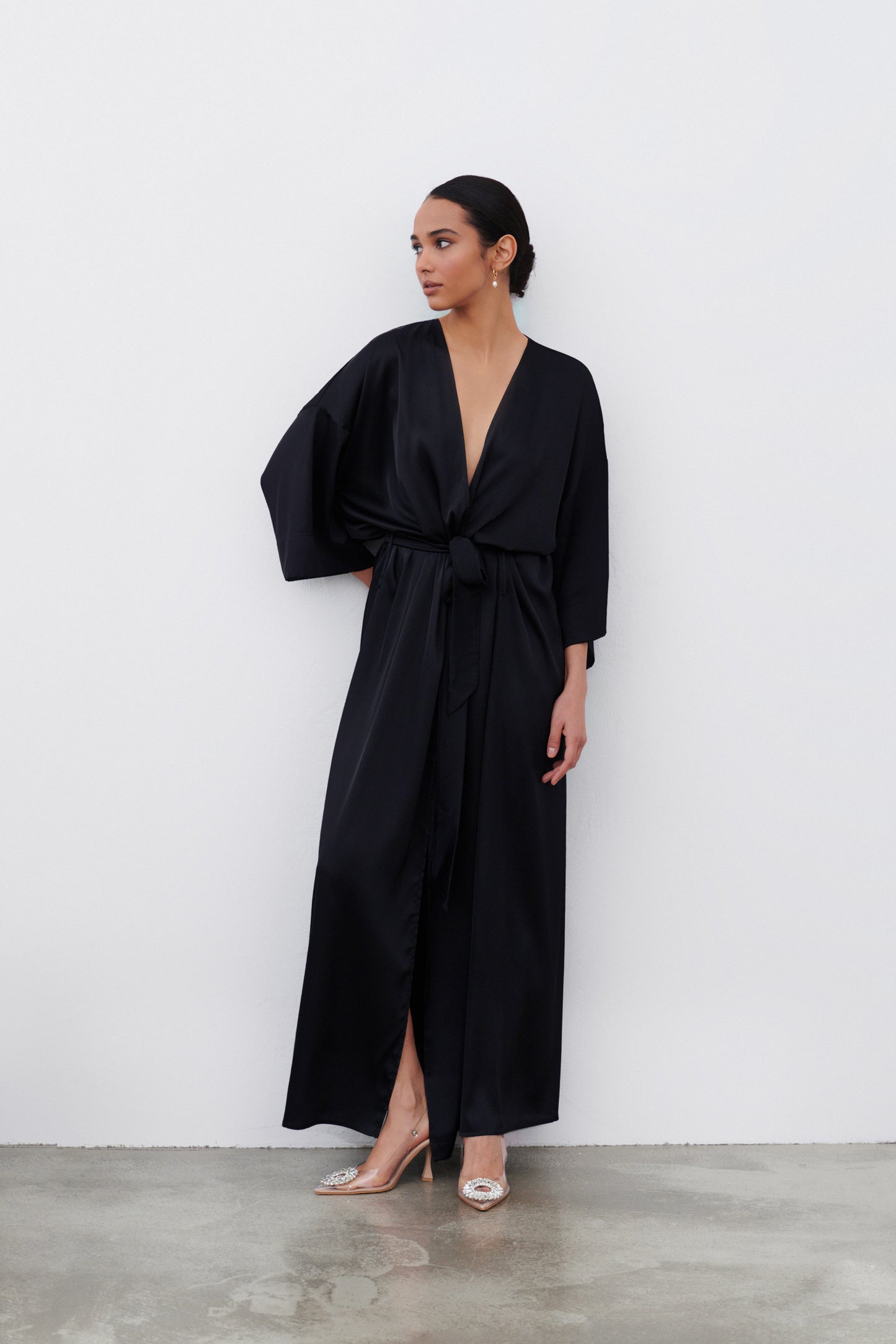 Black satin robe – full-length front view