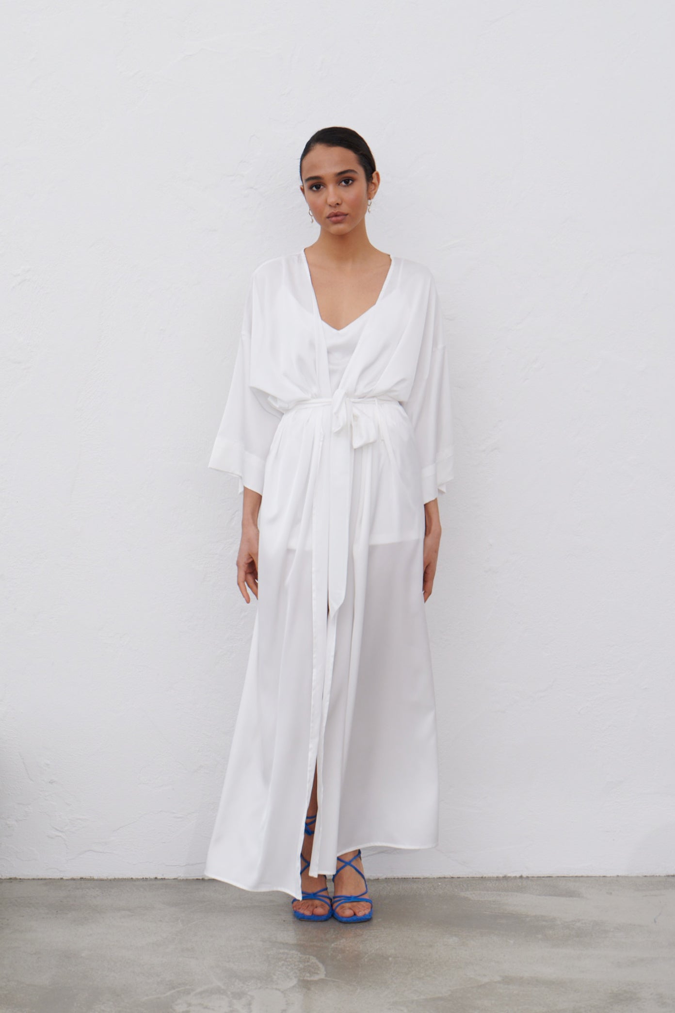 Elegant bridal white satin robe full length