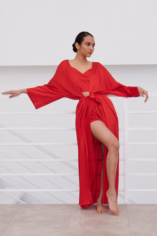 Red Satin Robe – Elegant Kimono Loungewear