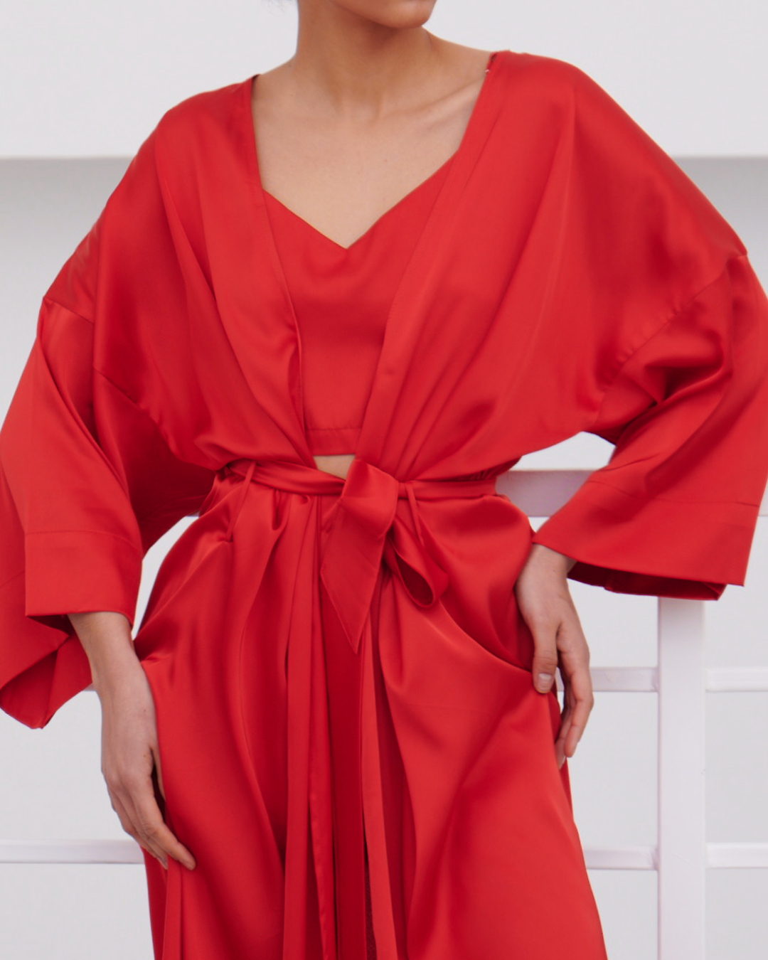 Red Satin Robe – Elegant Kimono Loungewear