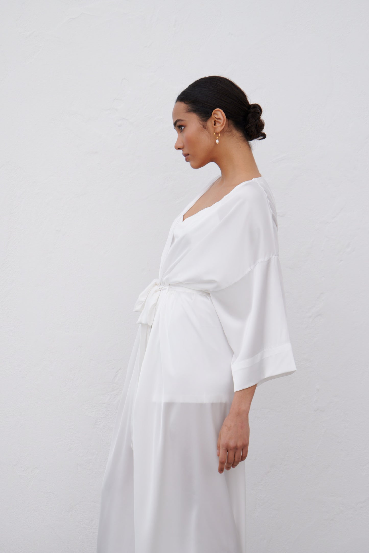Bridal white satin robe side profile