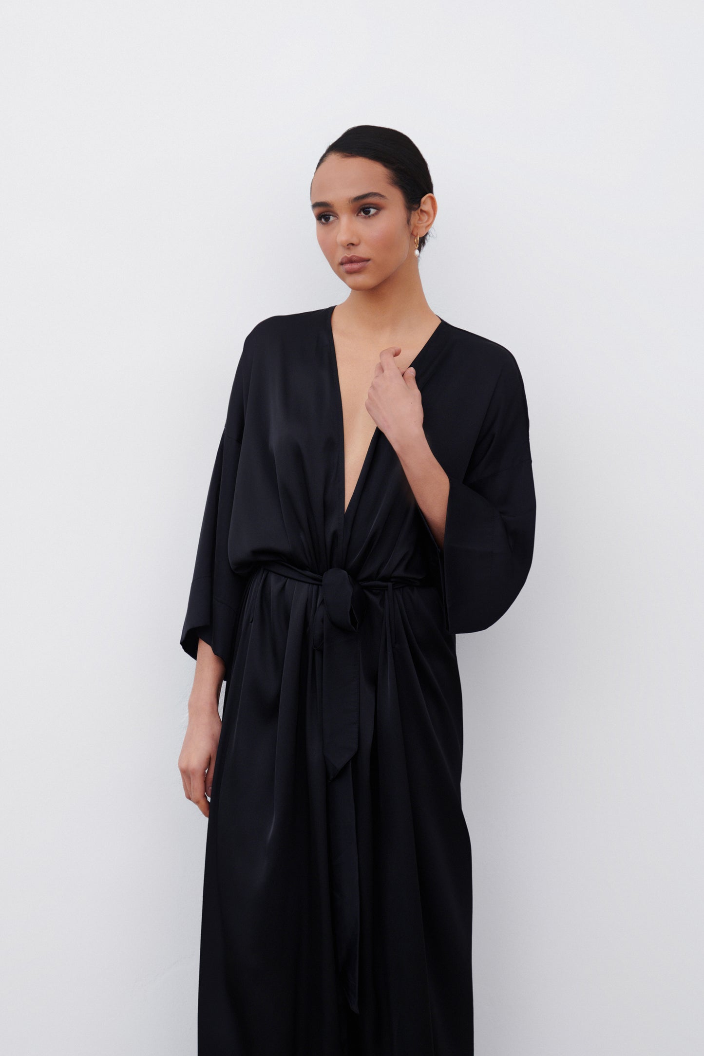 Black satin robe – side view with tie waist