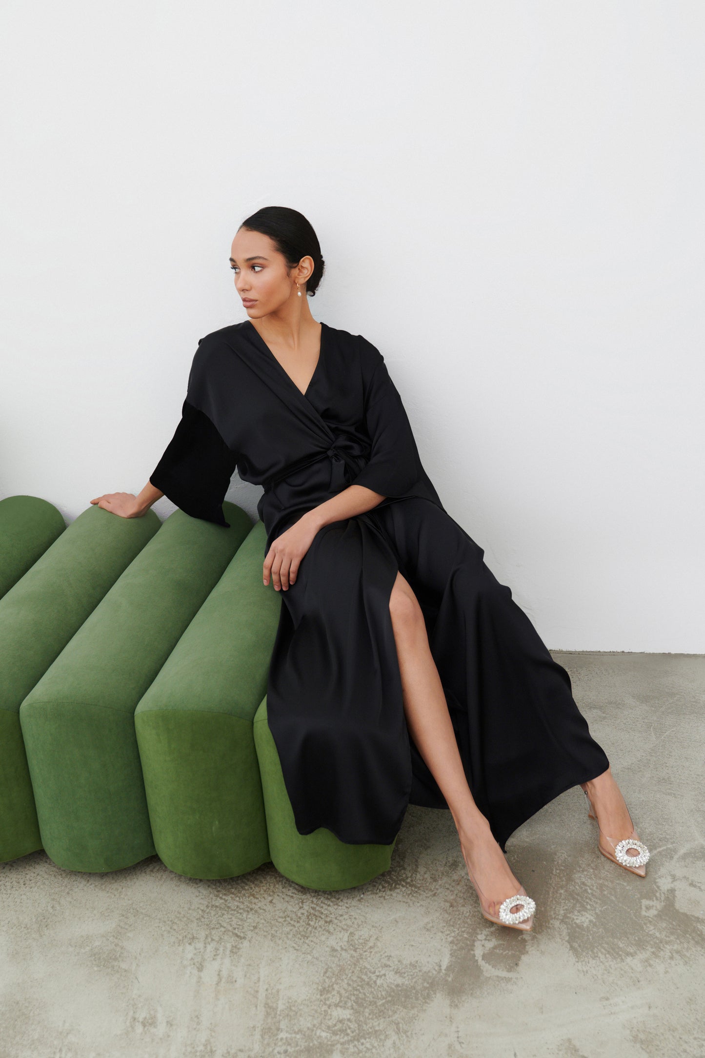 Black satin robe – elegant sleeve detail