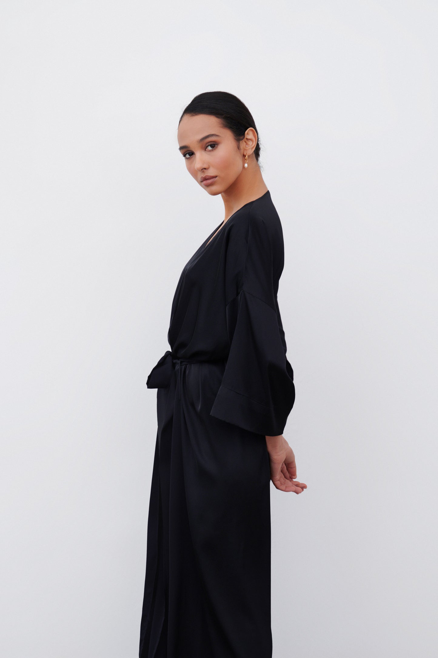 Black satin robe – lifestyle close-up portrait