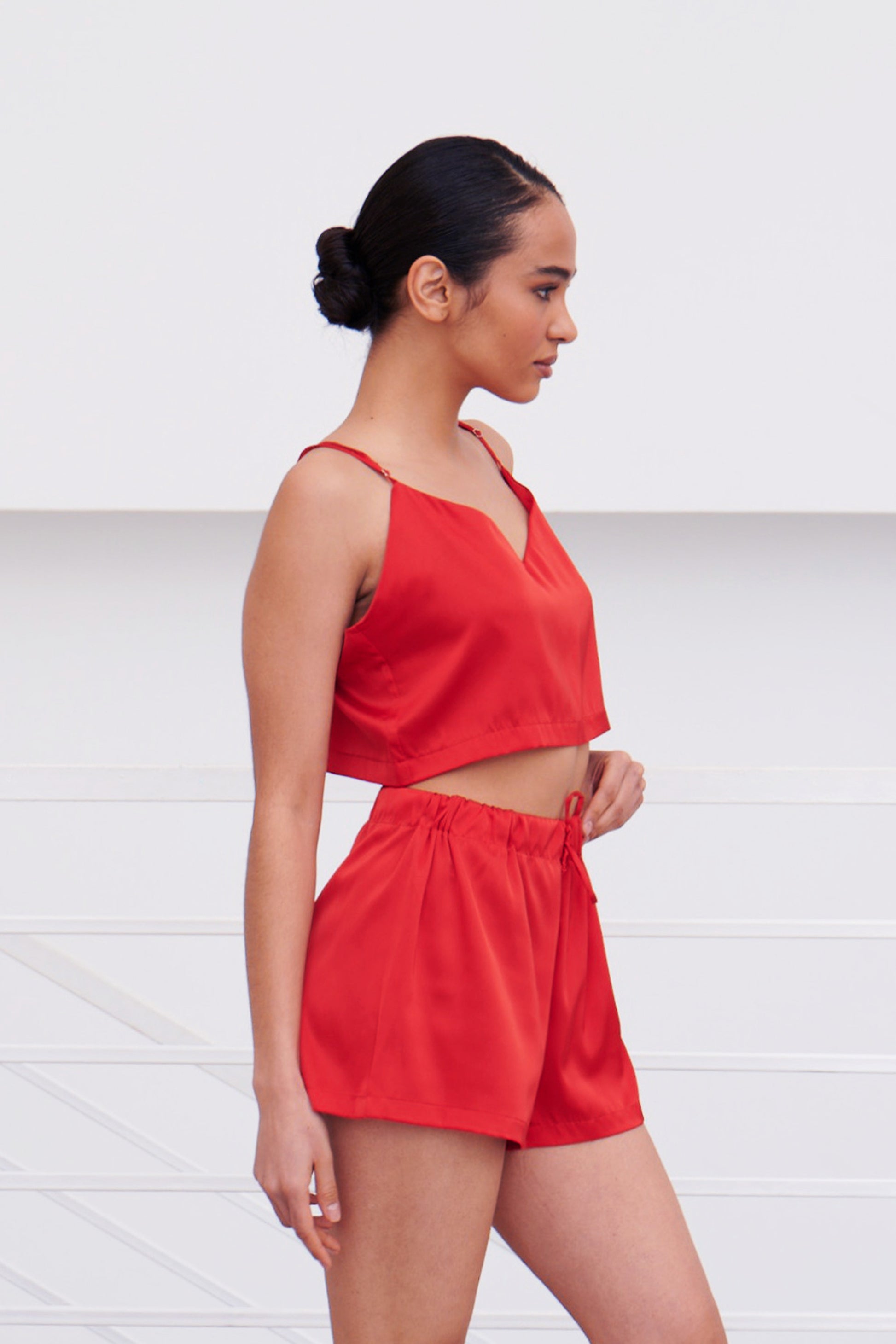Red satin pajamas – side view of camisole top and shorts